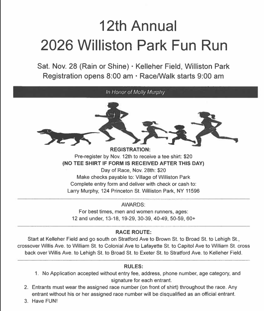 12th Annual Williston Park Fun Run Set for November 28