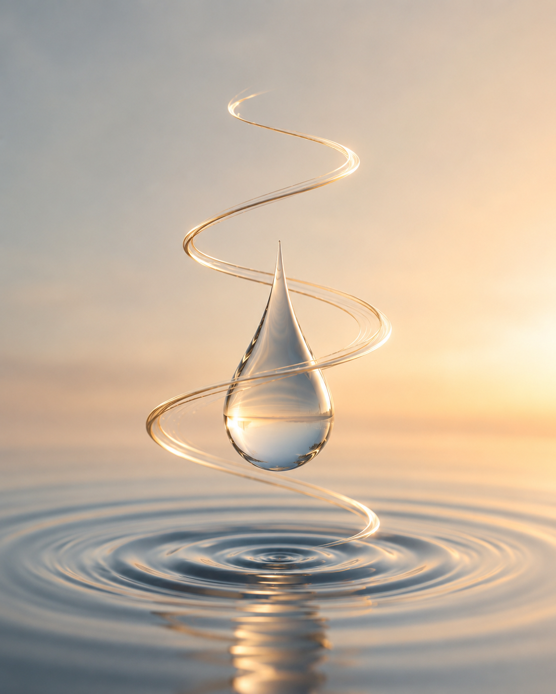 Crystal-clear water droplet suspended above calm ripples, encircled by a flowing spiral of light, representing the journey from awareness to intentional change