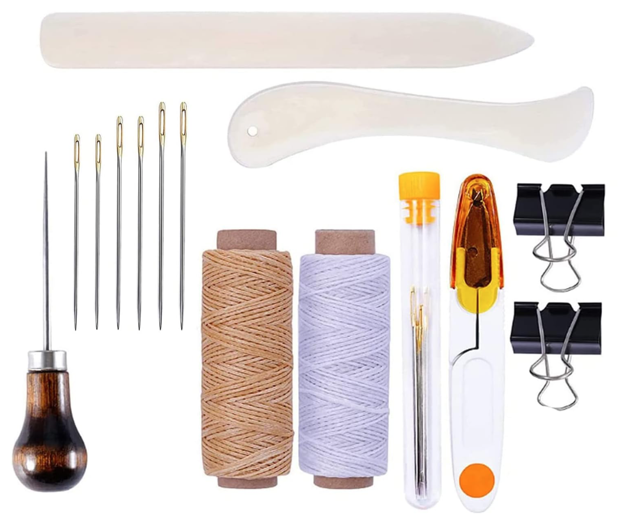 Set of 16 Bookbinding Kit Tools Set Bone Folder Paper Creaser, Waxed Thread, Awl, Large-Eye Needles for DIY Bookbinding Crafts and Sewing