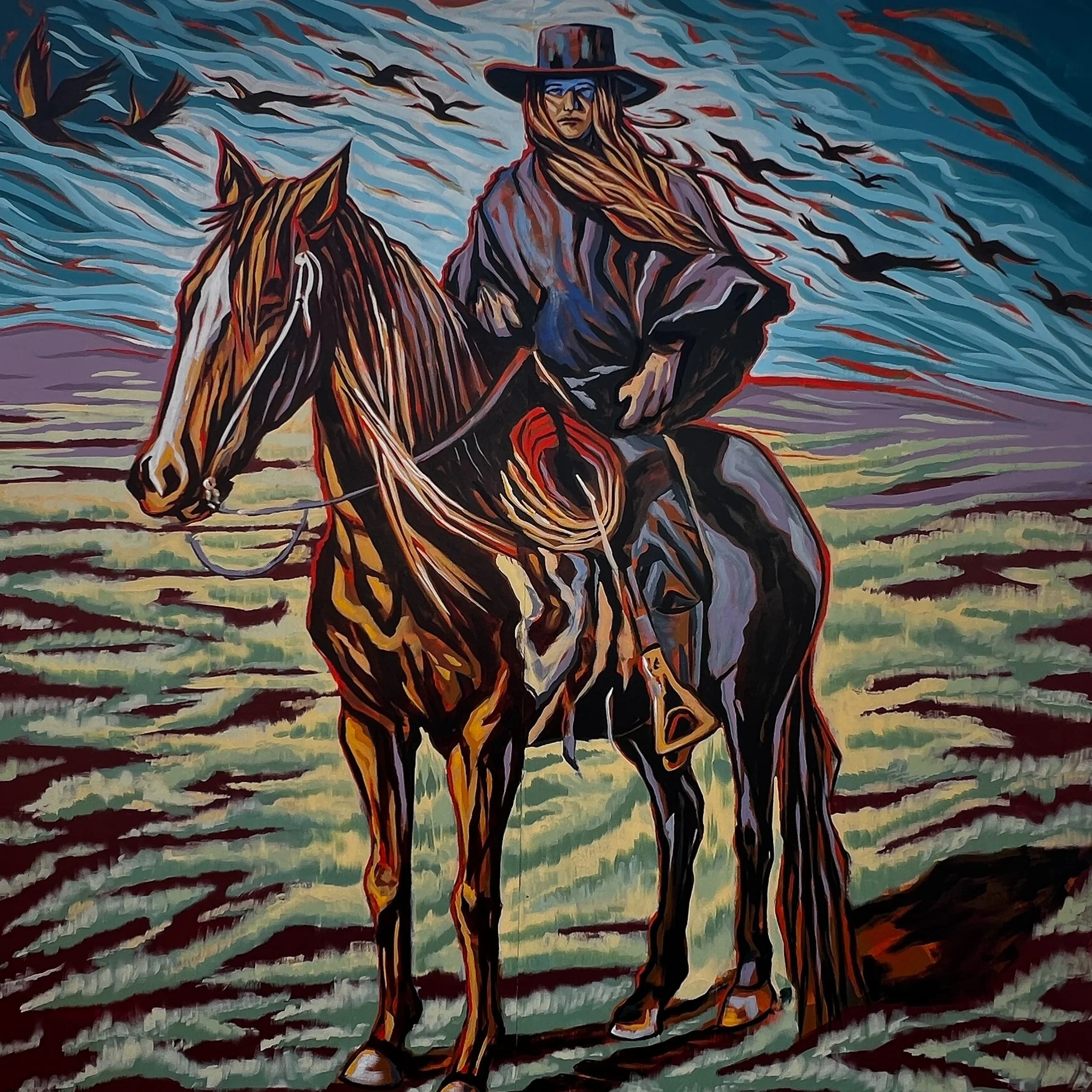 A stylized painting of a blue wolf with red antlers, surrounded by smoke and clouds, with a circular design and text in the background.