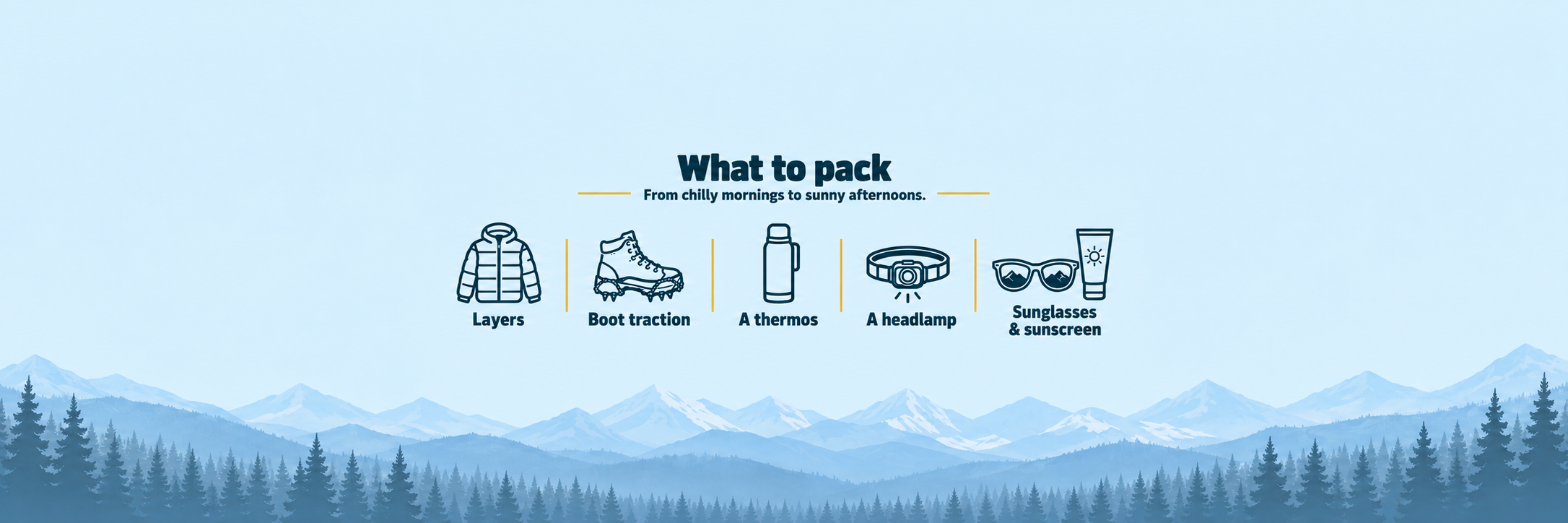Graphic of puffy jacket, hiking boot, thermos, headlamp and sunglasses