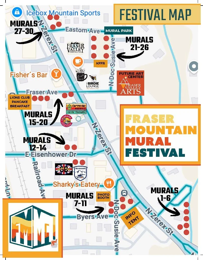 Festival map for Fraser Mountain Mural Festival showing locations of murals, food, art, photo booths, and activity zones along N. Znerex Street and nearby streets.