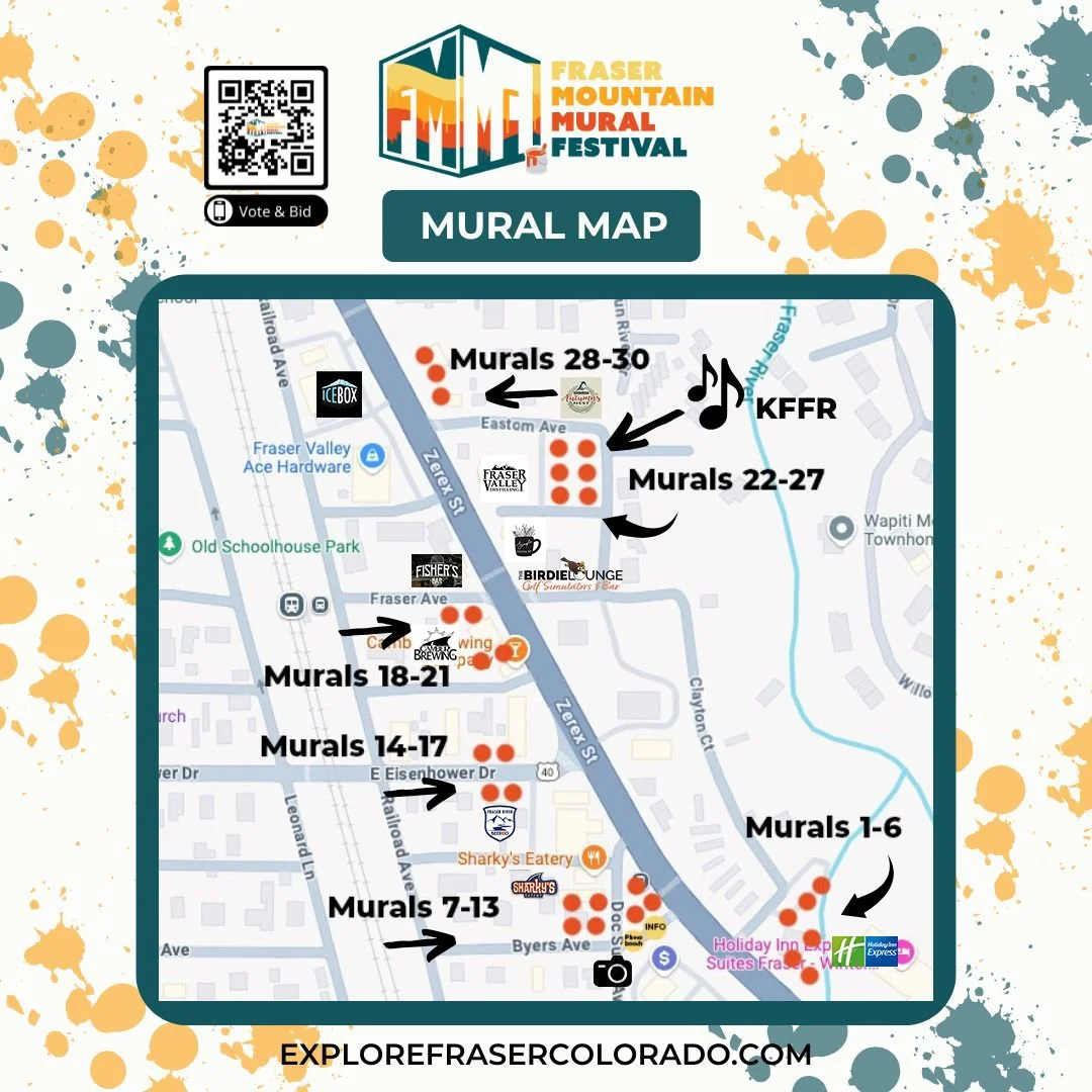 Map of the Fraser Mountain Mural Festival with locations of murals, landmarks, and amenities marked with black arrows, dots, and icons, including a QR code and festival logo.