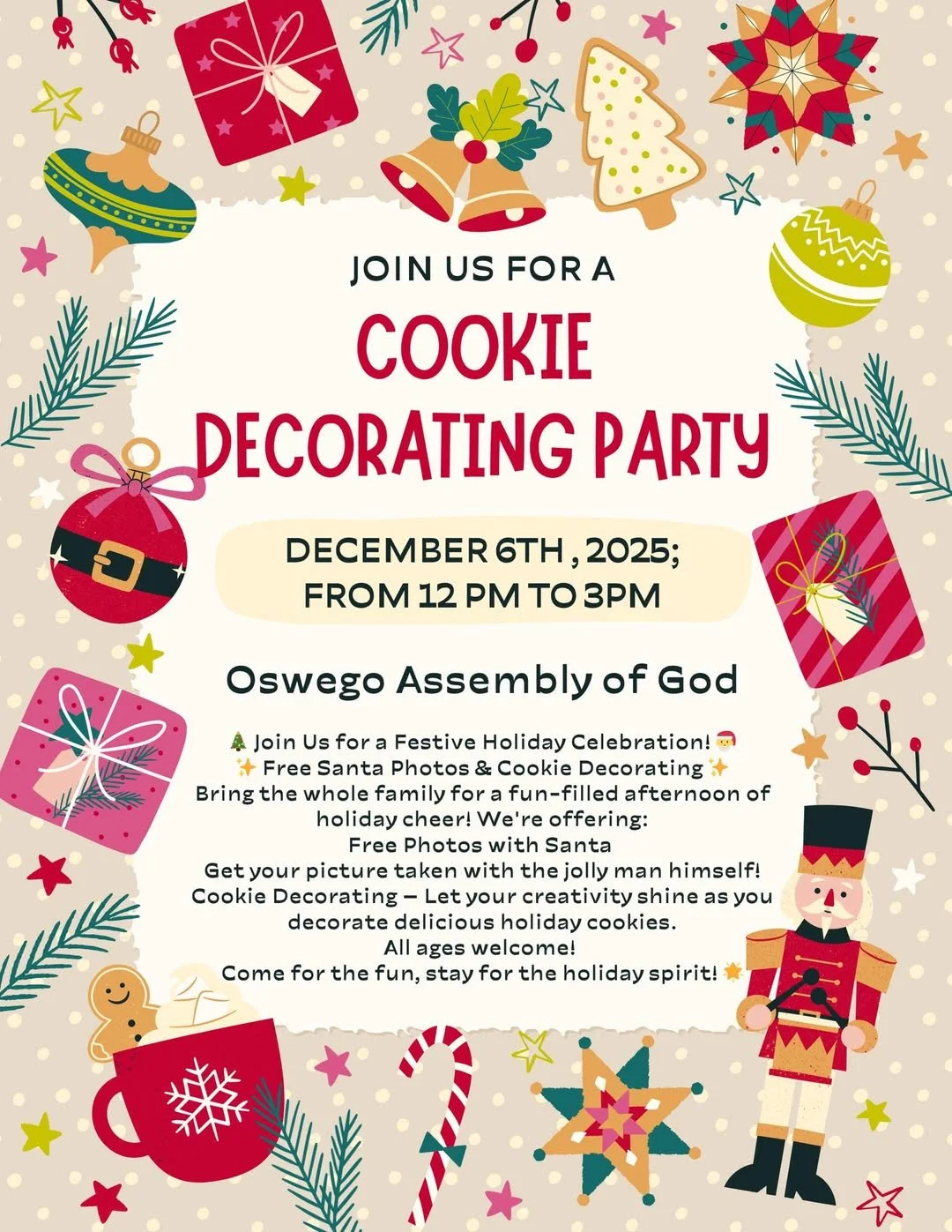 Cookie Decorating Party december 6th 12 -3pm at Oswego Assembly of God 