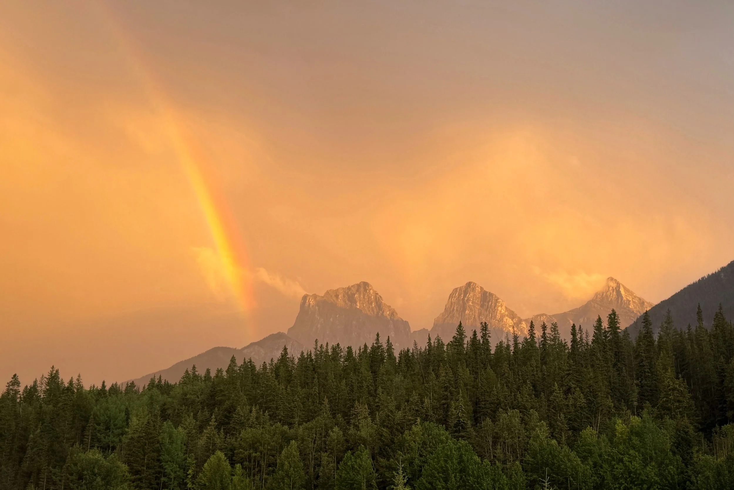 A scenic landscape of the three sisters mountains in canmore, alberta with a dense forest in the foreground, a rainbow arching across the sky, and a warm glow from the setting sun illuminating the scene.