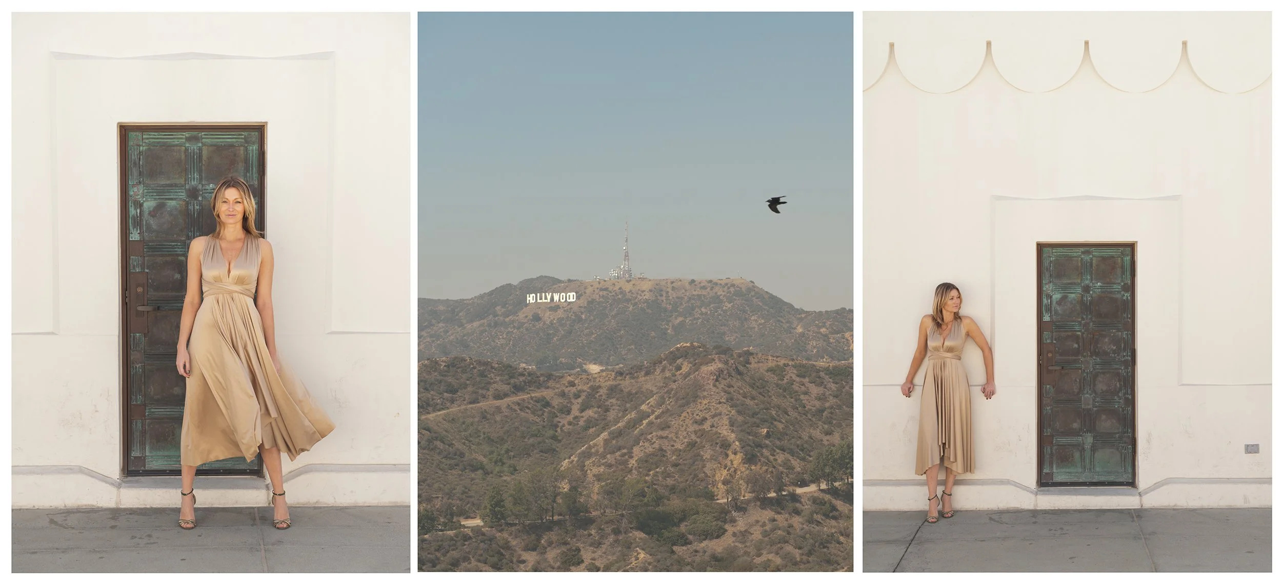fashion photo shoot of woman in gold dress at griffith observatory in los angeles