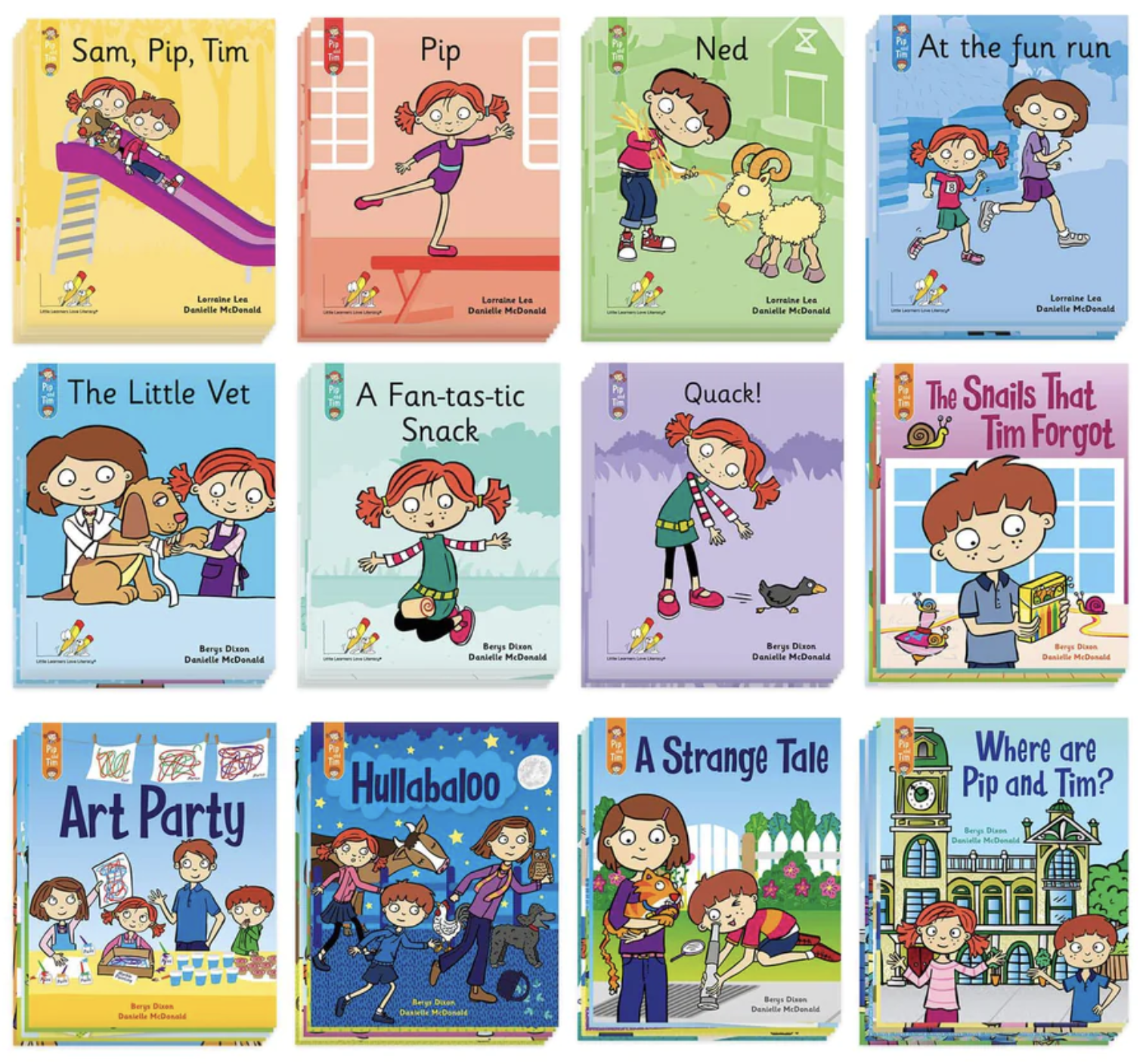 Little Learners Pip and Tim Series.
These books follow the adventures of Pip and Tim as they go about their lives. They introduce sounds, "heart" high frequency words, and go up to practising common multiple spellings of vowels - The full set covers