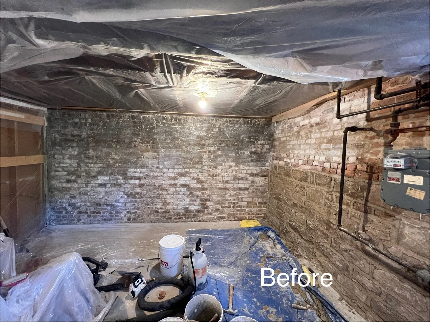 Basement Masonry Restoration &ndash; Before &amp; After

Before:
The basement masonry walls showed significant deterioration and moisture staining. Old coatings and efflorescence covered much of the surface, and previous repairs with incompatible mat
