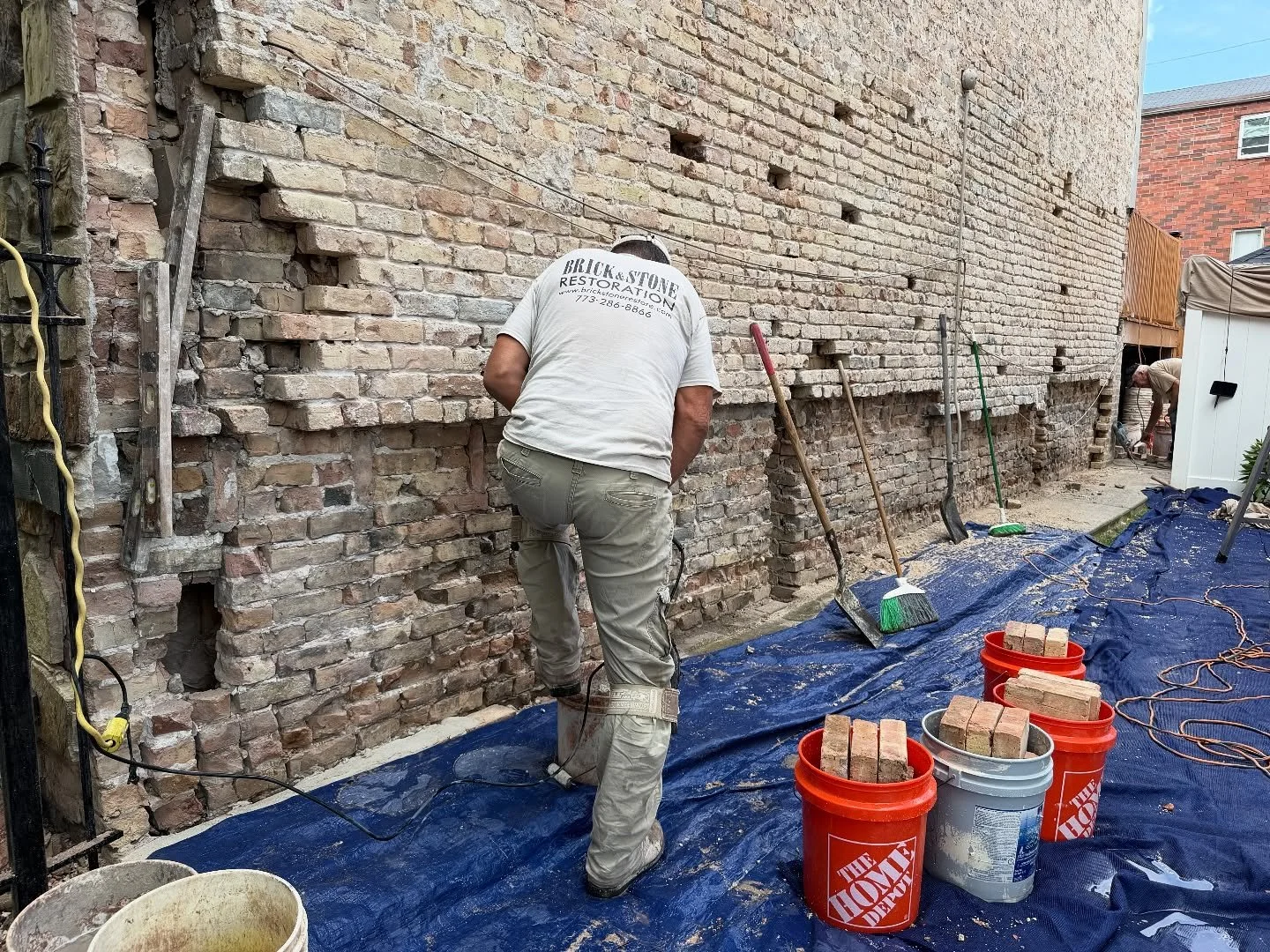 Chicago old house. Before and after brick wall restoration

The second photo shows the completed wall:
	&bull;	The surface is now uniform, straight, and structurally sound.
	&bull;	The repaired areas blend naturally with the historic brick color and 