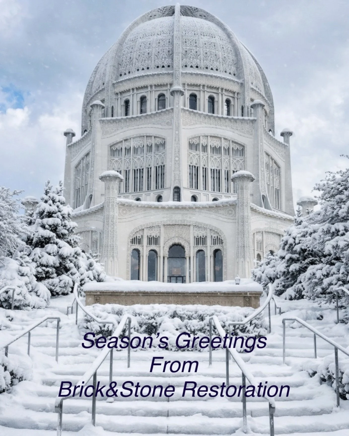 This image feels like winter silence captured in architecture. The Baha&rsquo;i House of Worship rises like a sculpture carved from snow itself &mdash; its lace-like dome and soaring pillars glowing softly against the cold sky. The fresh snow blanket
