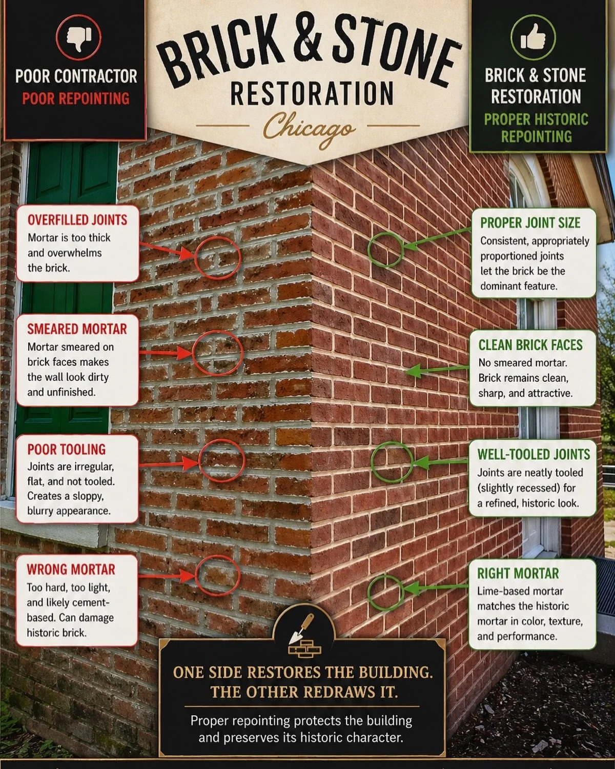 Bad repointing is worse than no repointing.
Wrong mortar + smeared joints = trapped moisture + long-term damage.

Historic masonry needs to breathe &mdash; not be sealed over.
#oldhouserestoration #oldhouselovers #masonryrestoration #historicrestorat