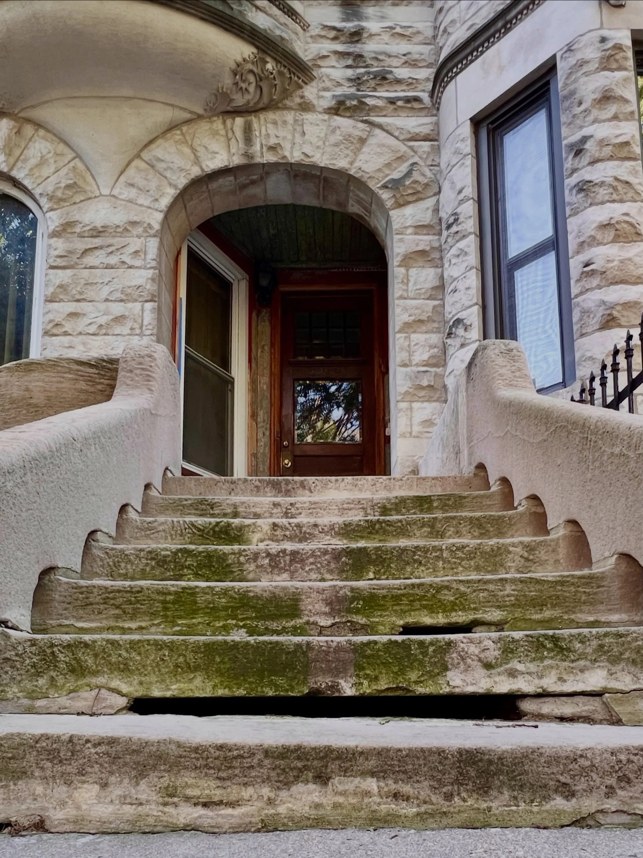 Time for Brick &amp; Stone Restoration to step in and correct years of improper repairs.
Hard cement patching, trapped moisture, and long-term salt use have caused severe deterioration, displacement, and decay of these historic stone stairs. Salt pen