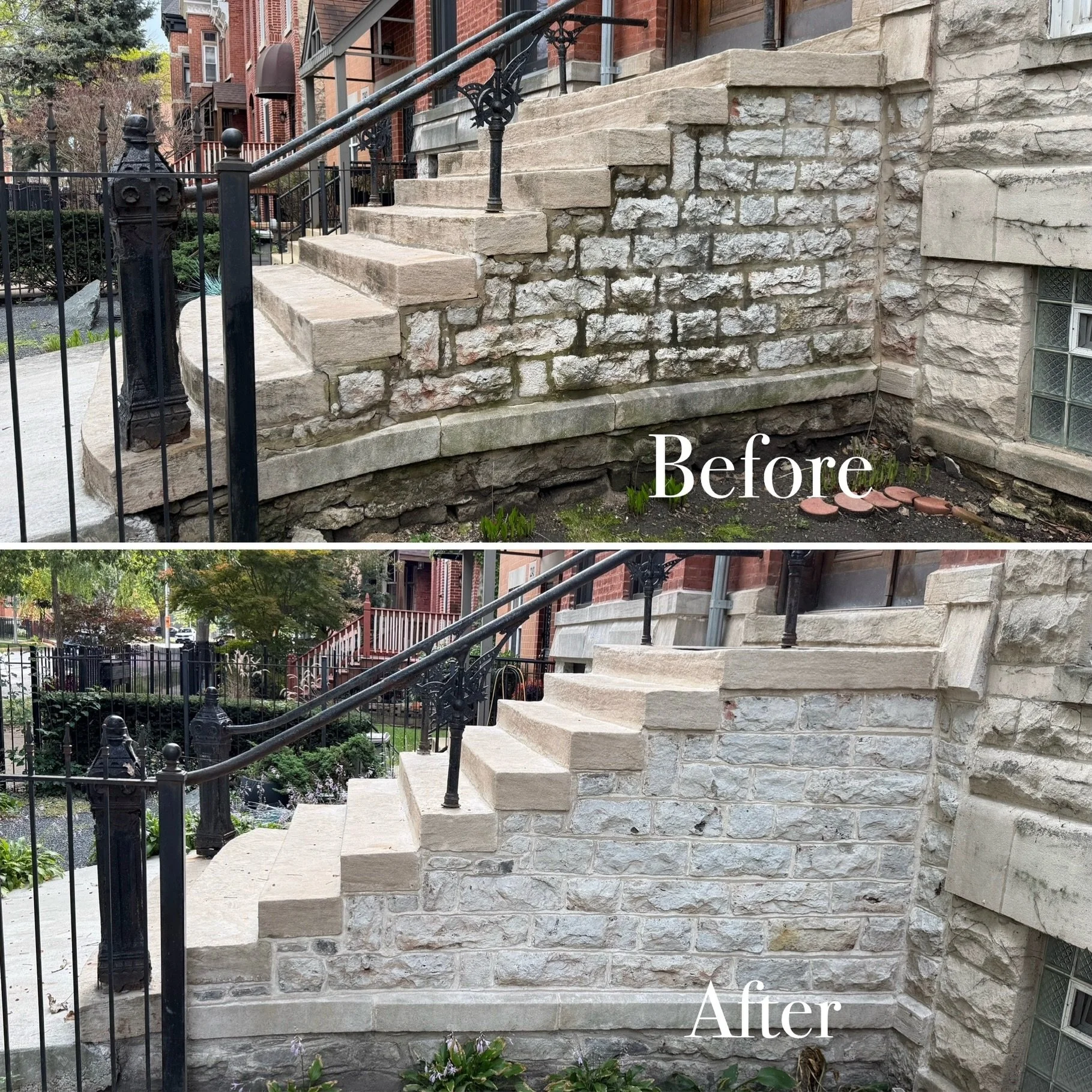 Limestone staircase restoration using traditional materials and time-honored craftsmanship, preserving its original character and architectural details.

Before &amp; After,
#masonrywork #chicagoarchitecture #oldhouseproblems #masonrycontractor #ston