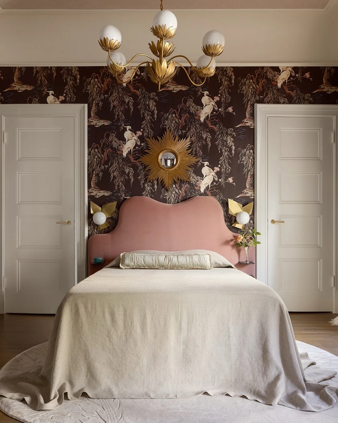 Birds of a Feather by Andrea of @sonomainteriors

The bedroom&rsquo;s thoughtful layout and timeless palette allows the space to function effortlessly across generations as a refined sanctuary. The softly curved blush headboard and sumptuous alpaca d