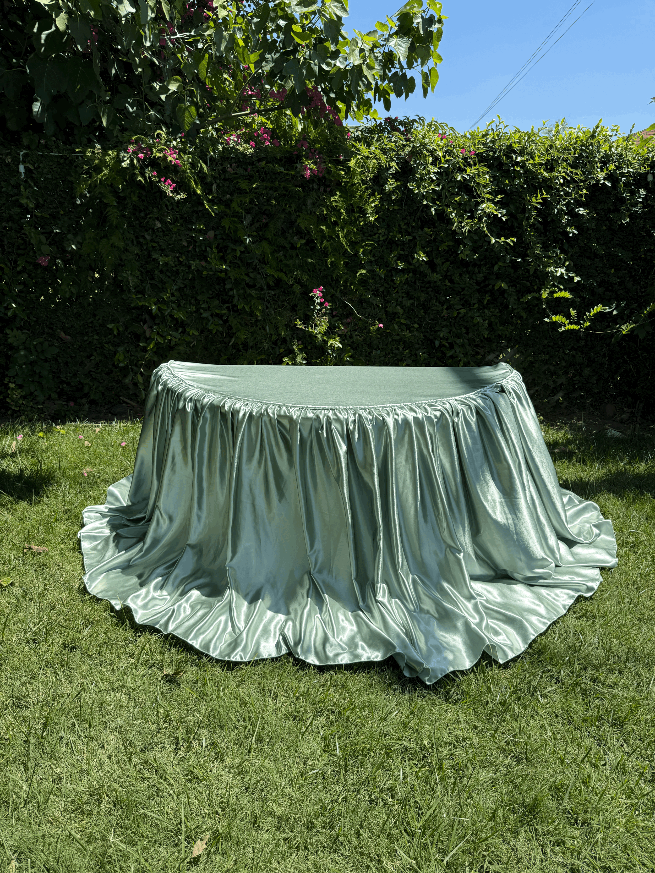Sage Green Satin Halfmoon Tablecloth Rental