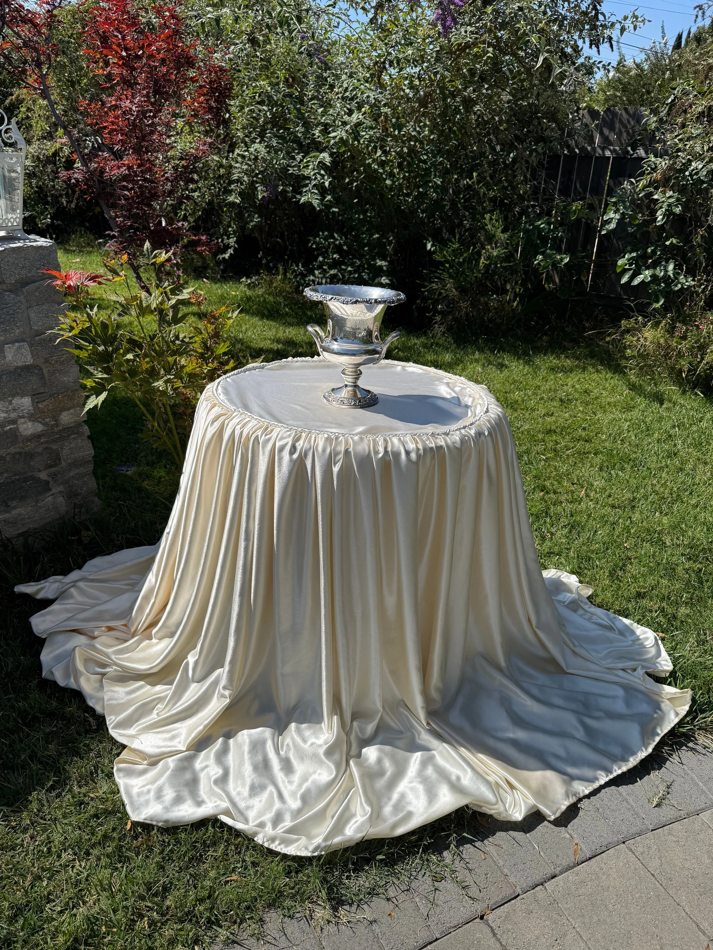 Satin Ivory Short Cocktail Tablecloth Rental | Luxury Linens