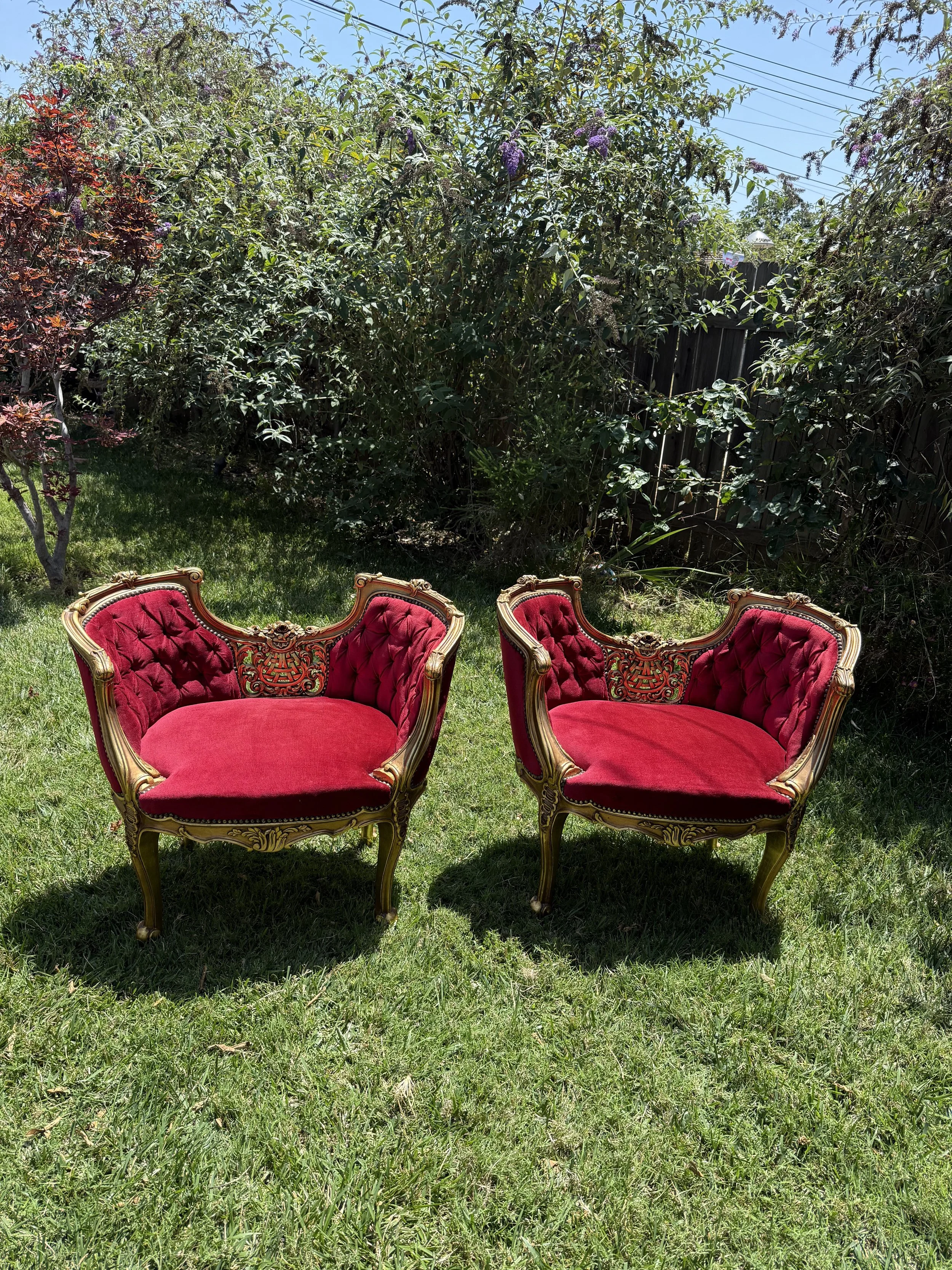 Vintage French Style Red Velvet Armchair Pair Rental | Event Rentals