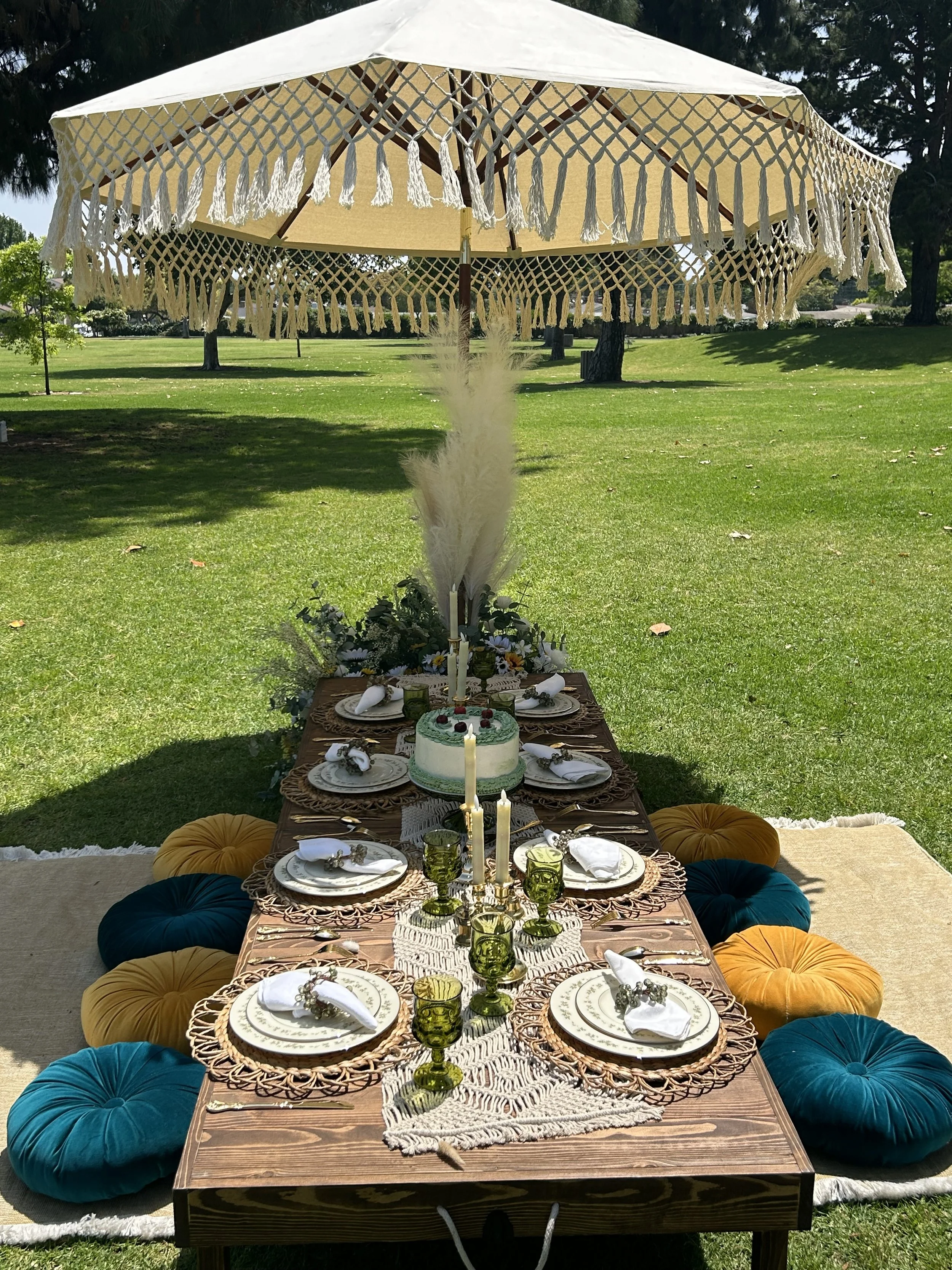 Outdoor picnic setup with a rustic wooden table, umbrella, teal and gold pillows