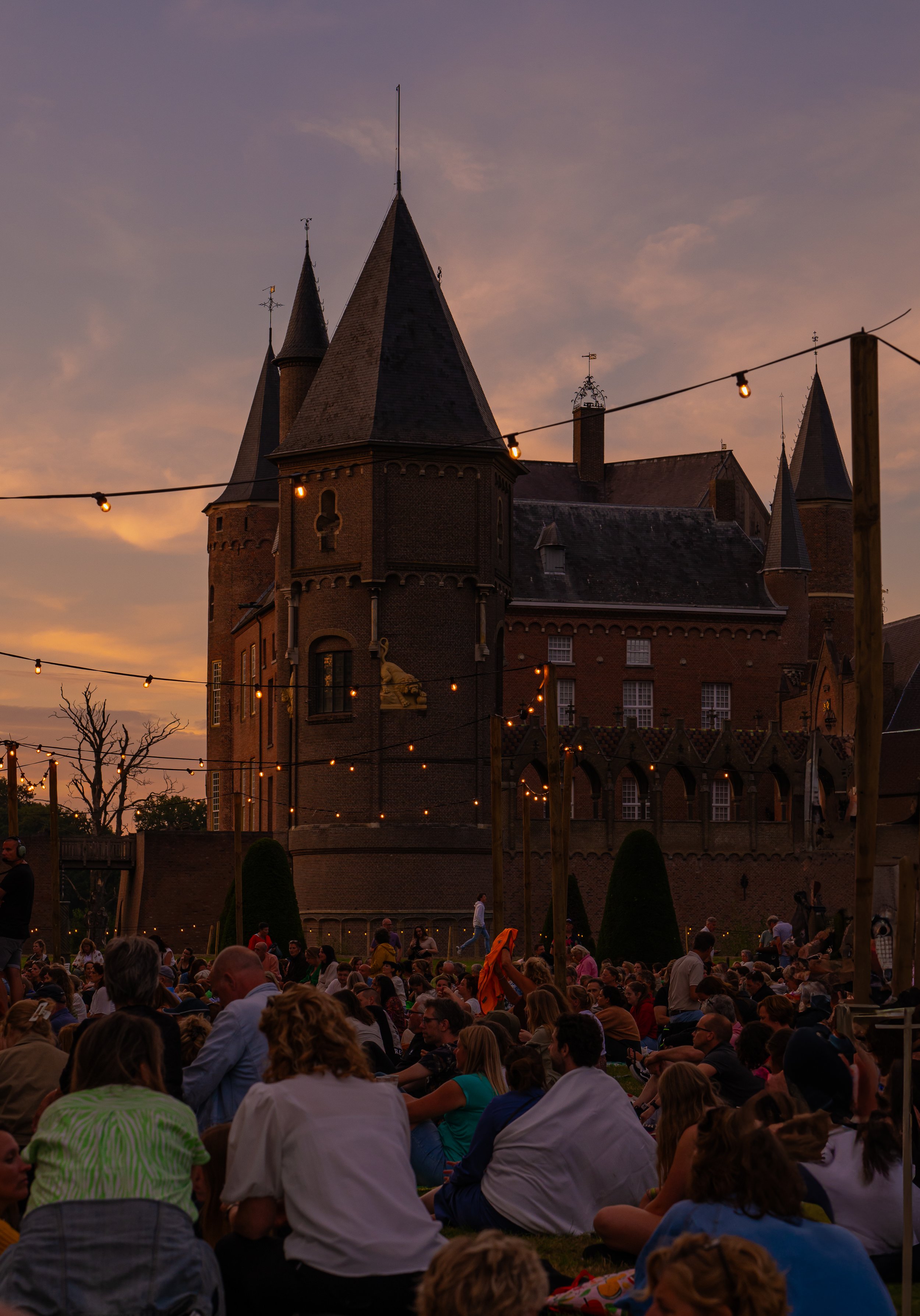 Crowd sitting on grass at sunset in front of a castle with string lights.