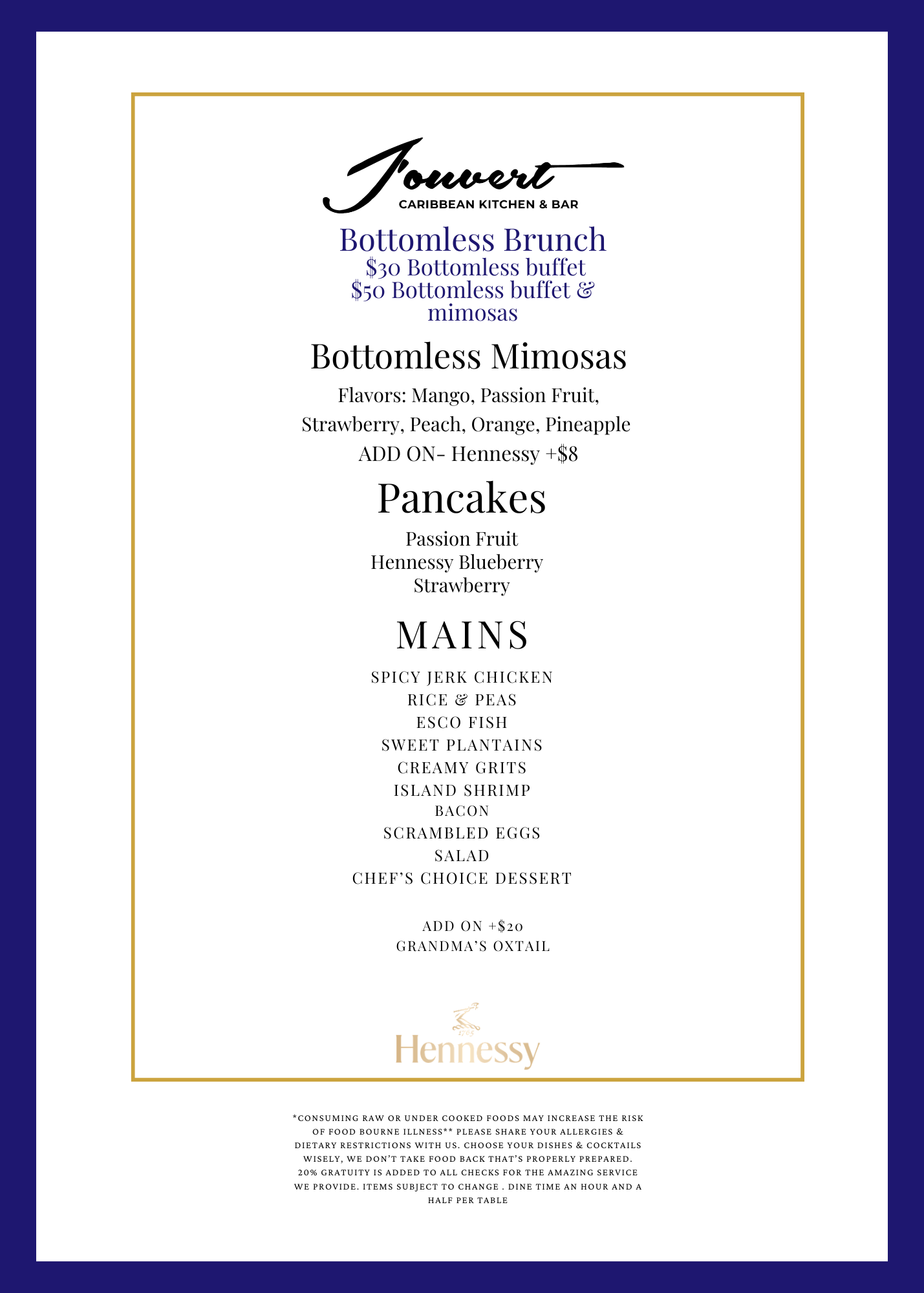 Menu for a Caribbean restaurant named Jouvert, featuring bottomless brunch options, pancakes, mains like spicy jerk chicken, rice and peas, and desserts, with prices and add-on options listed.