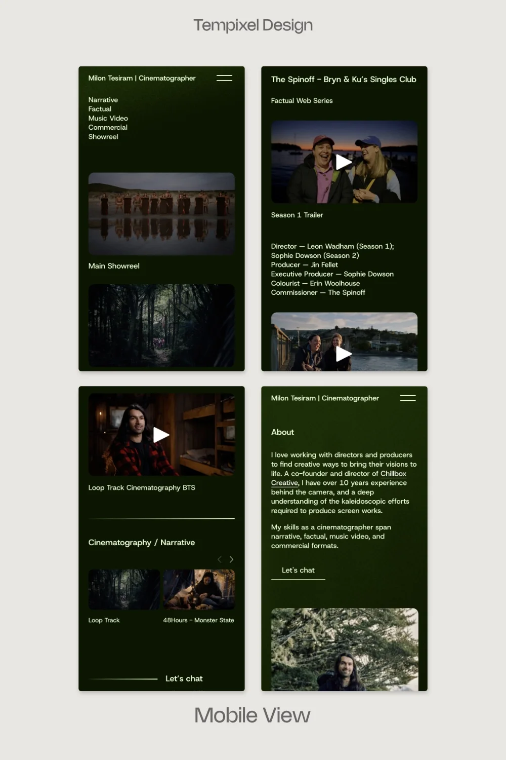 Four mobile screens of Milon’s cinematographer site: work page, project page sections and About page