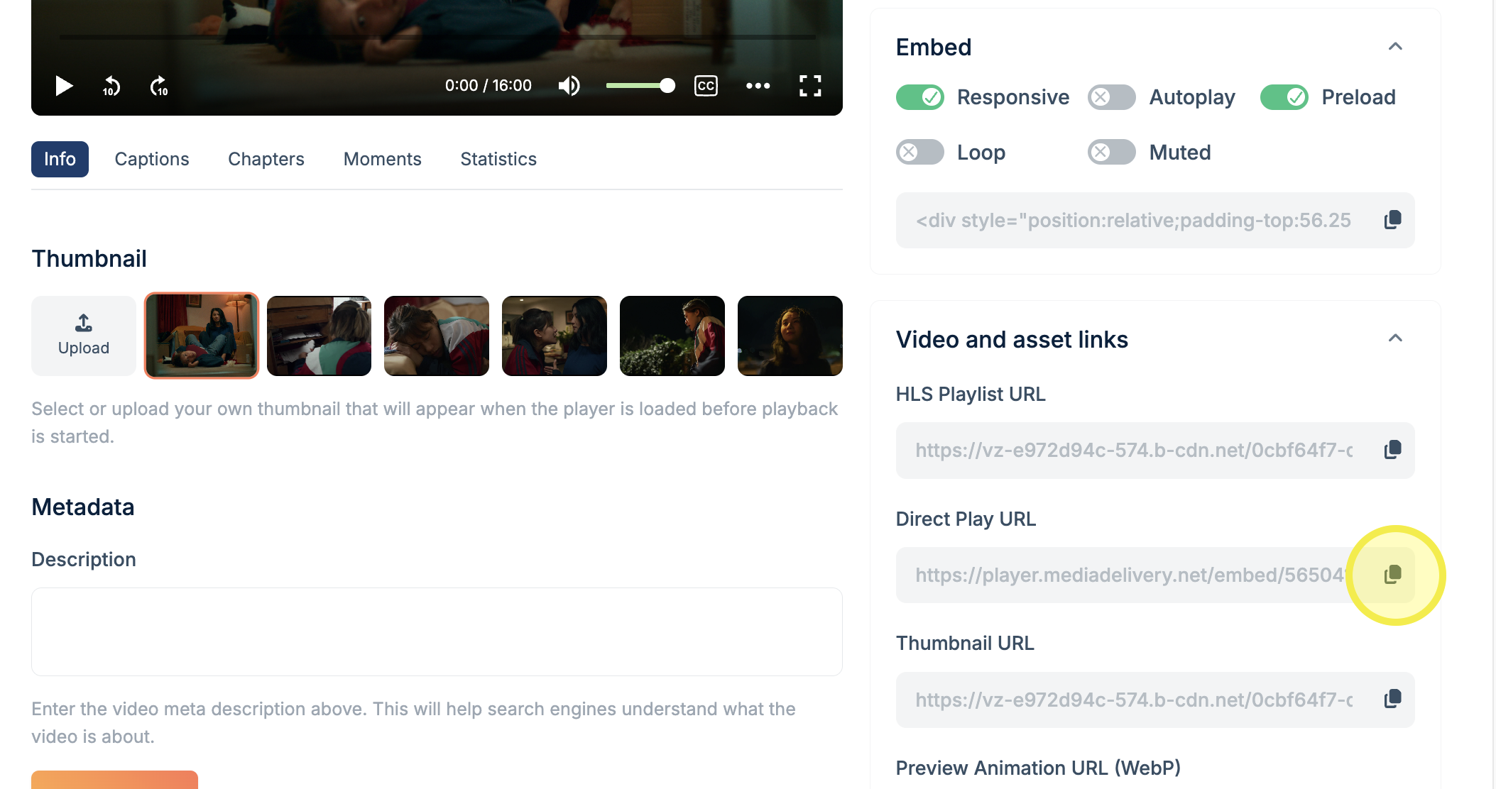 Direct play URL being copied for a video uploaded to Bunny Stream