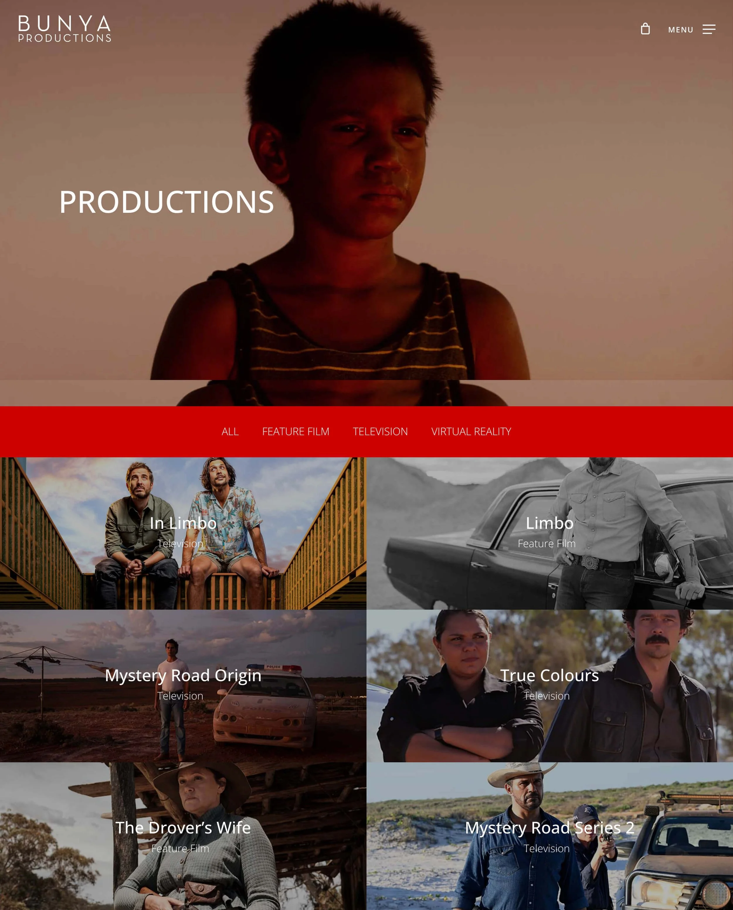 Bunya Productions project page with 2 column grid of productions.