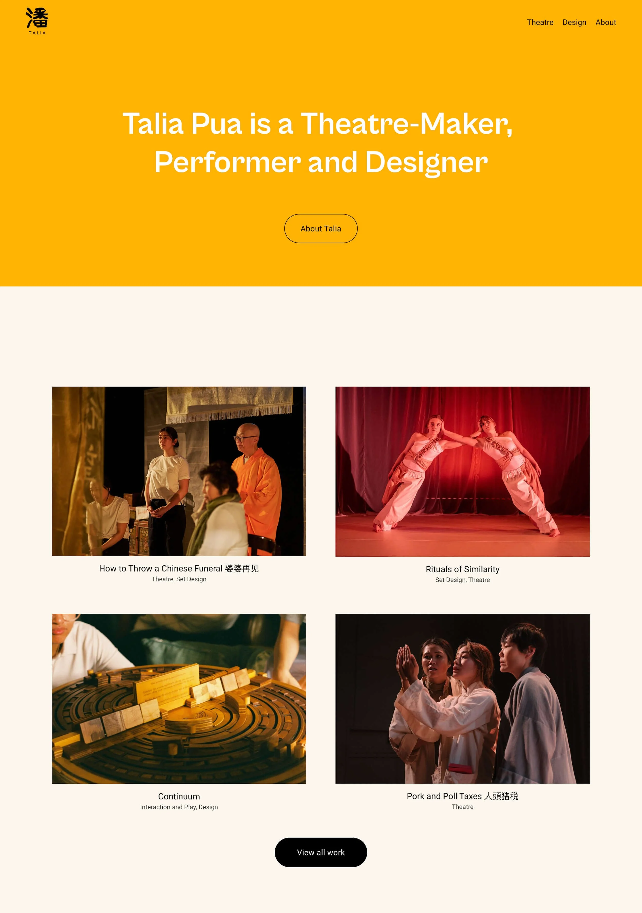 Home page of Talia Pua, a theatre-maker, performer and designer.