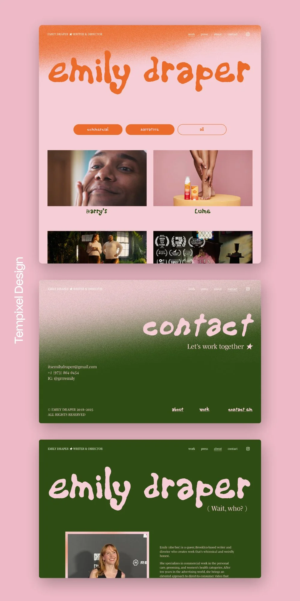 Homepage portfolio, contact and about page layouts for emilydraper.net