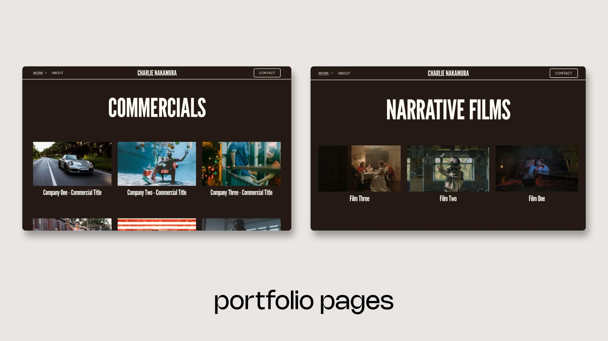 Screenshots of the Commercial page and Narrative page with the words 'portfolio pages'.