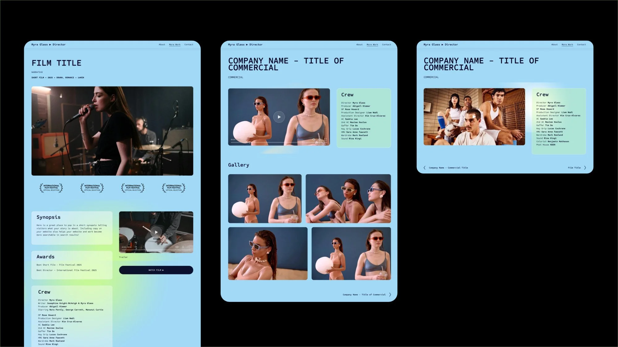 3 webpage screenshots showing different film/commercial project layouts