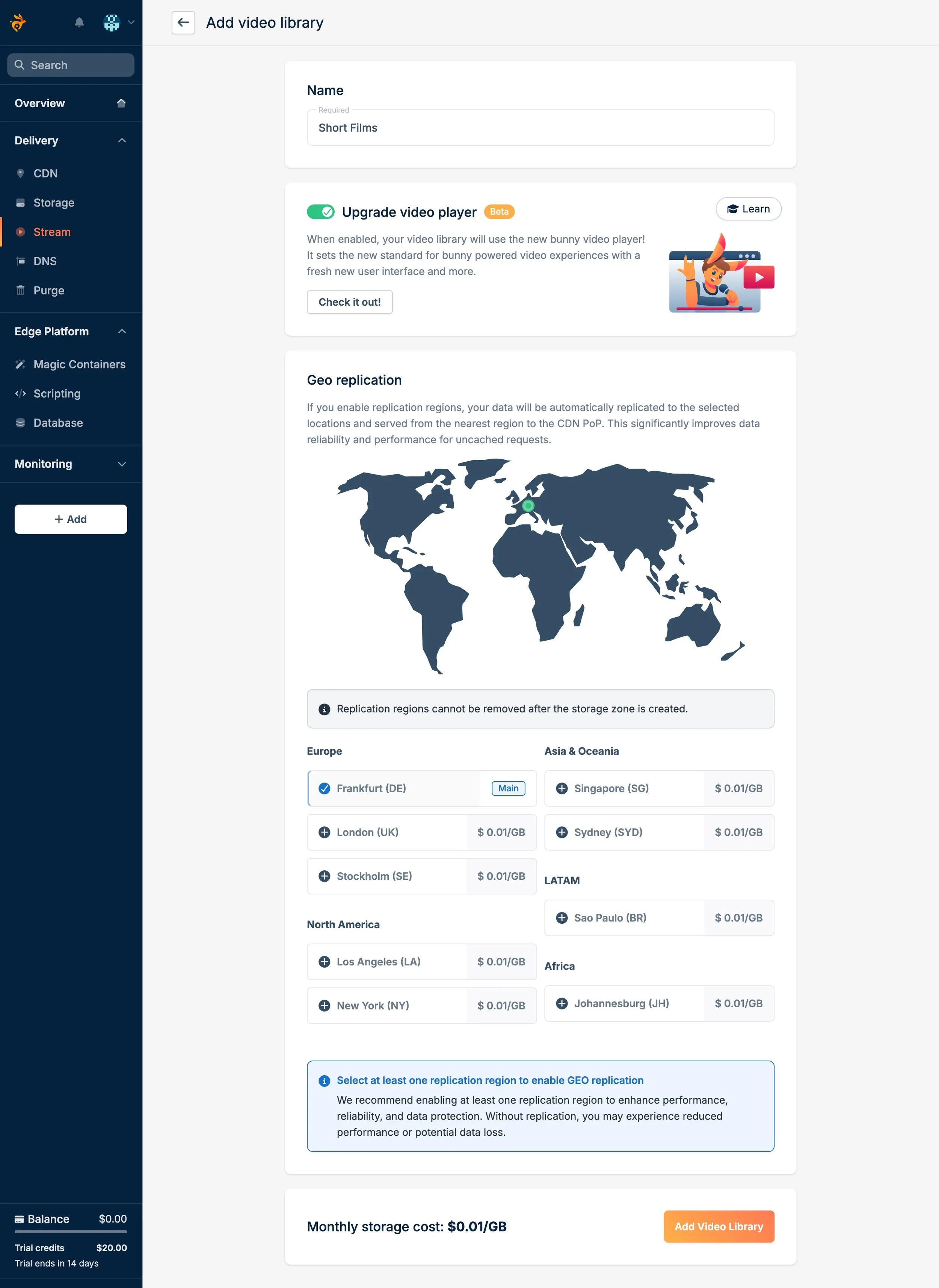Geo replication options below a world map
