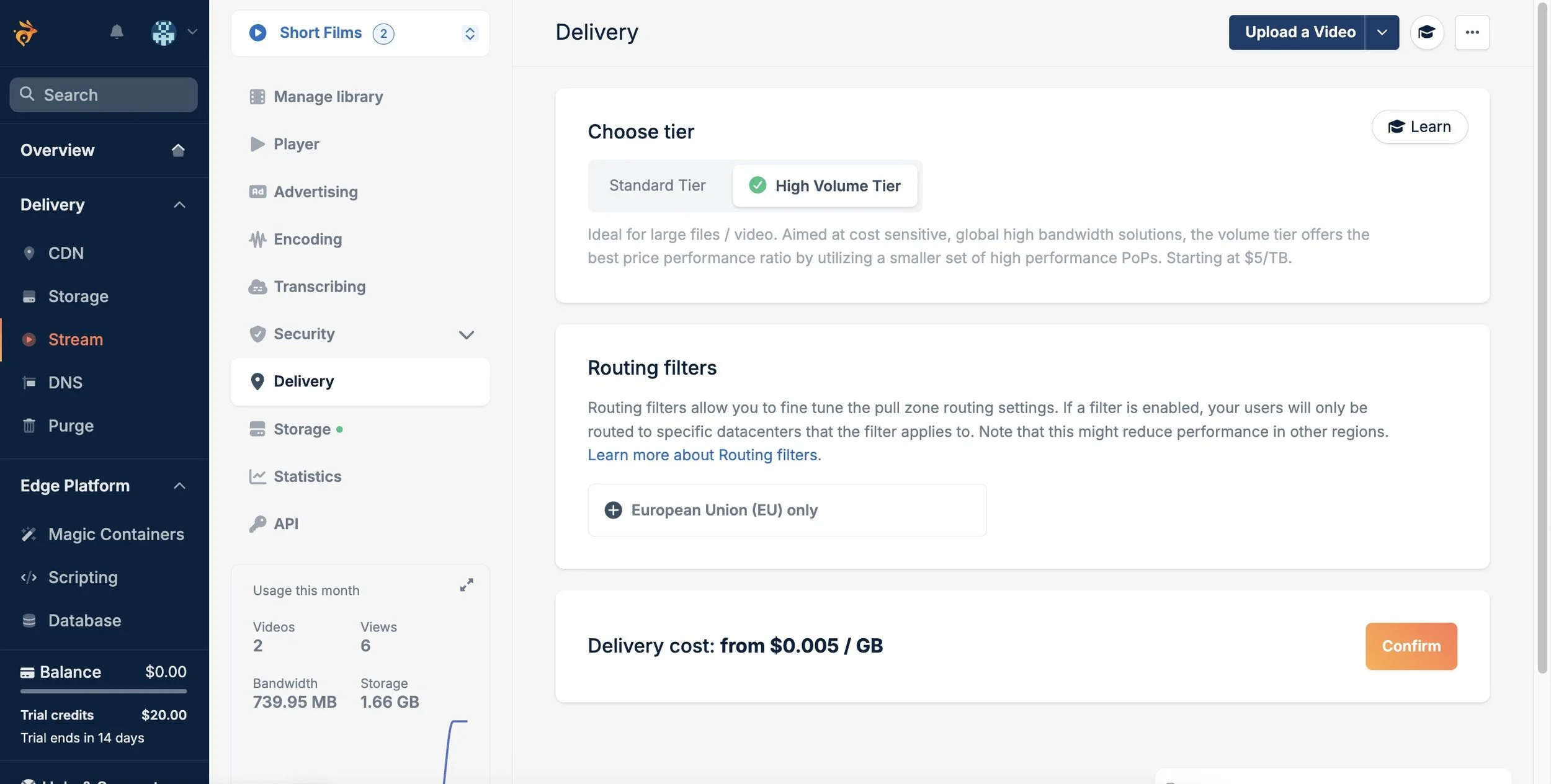 Delivery tab of Bunny Stream showing tier and routing filters options