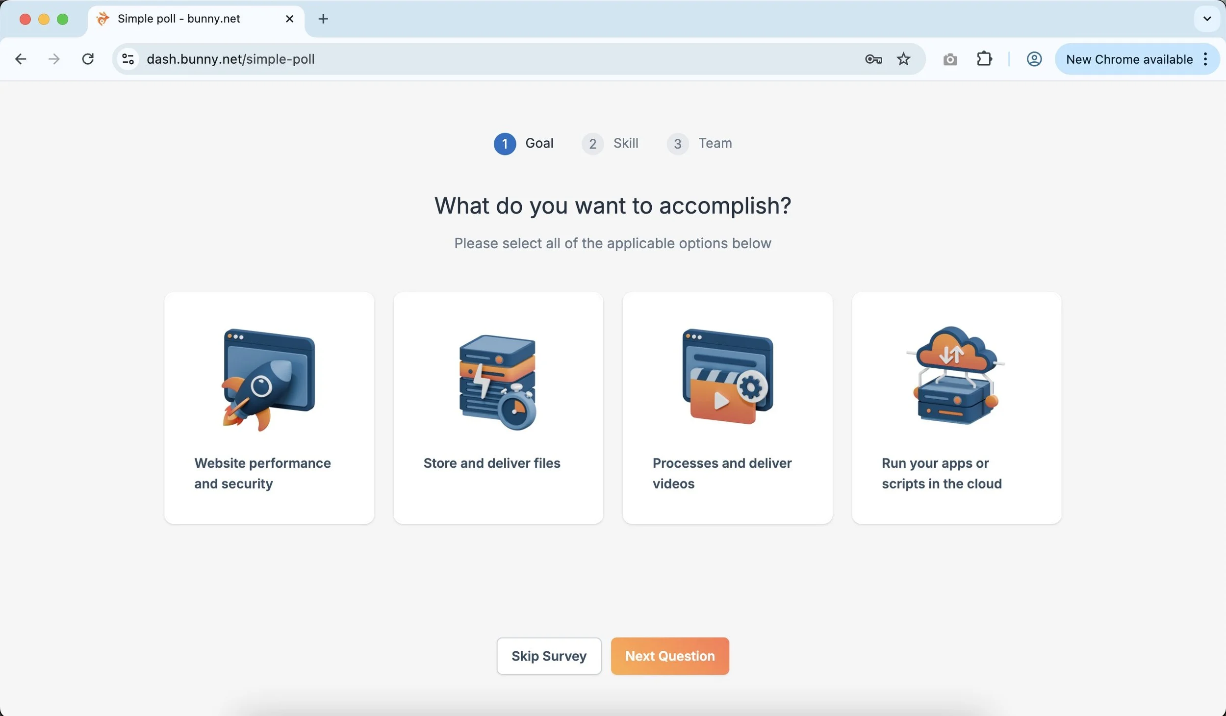 1st step of the bunny.net survey with 4 goal options