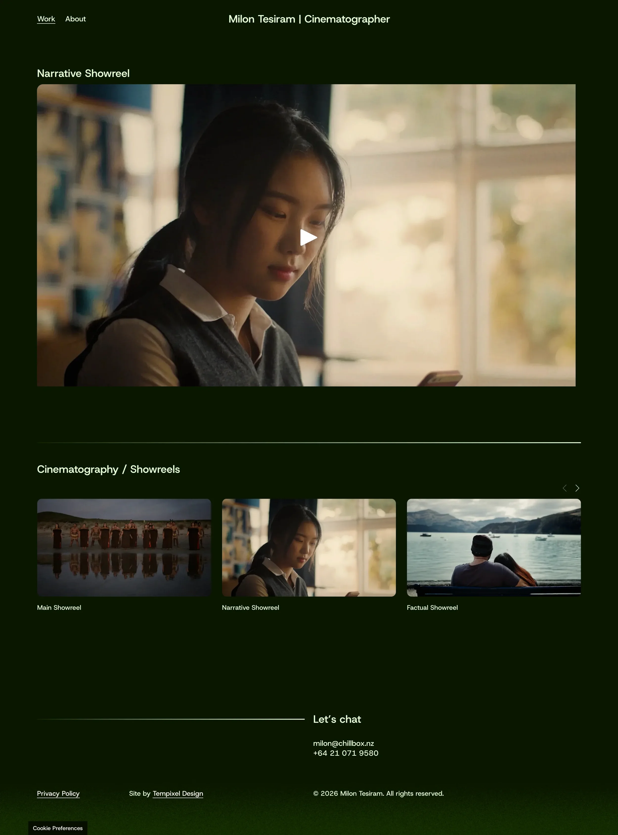 Narrative Showreel page on Milon's website with a large video player and a carousel of other cinematography showreels below
