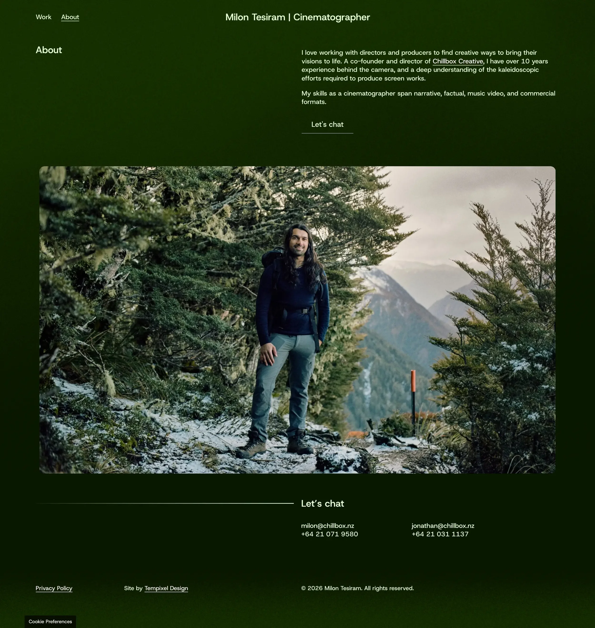 Milon's website About page with short bio and photo of Milon on a snowy alpine trail