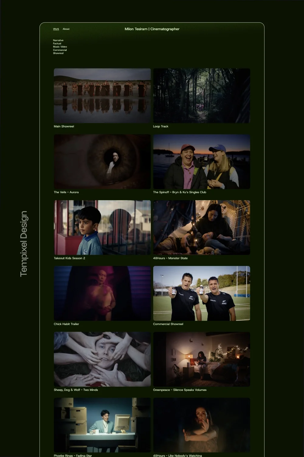 Work page of Milon’s website by Tempixel Design: a two-column grid of film, music video and ad thumbnails