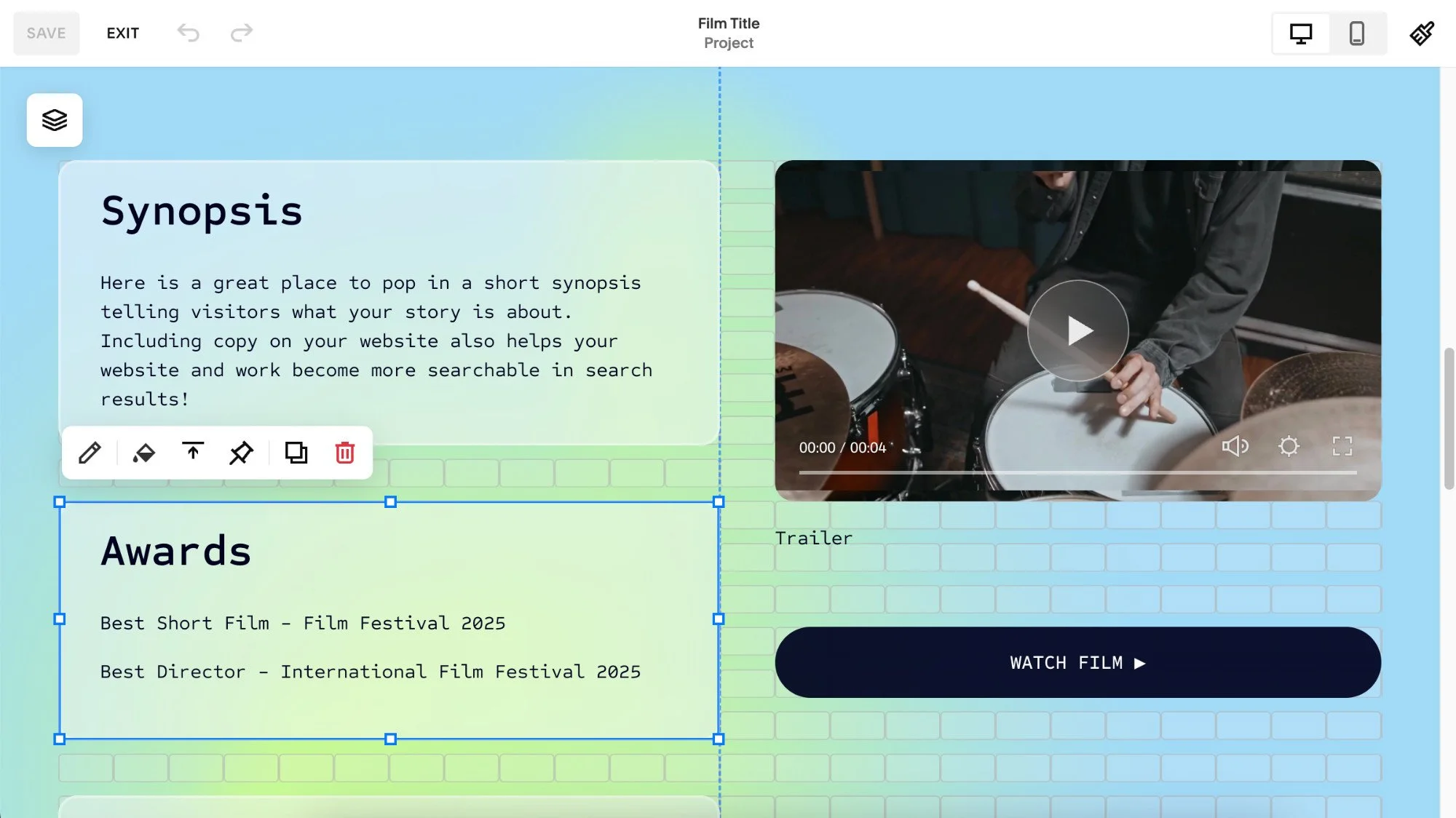 A project webpage with edit options. A design grid is visible behind elements on the page.