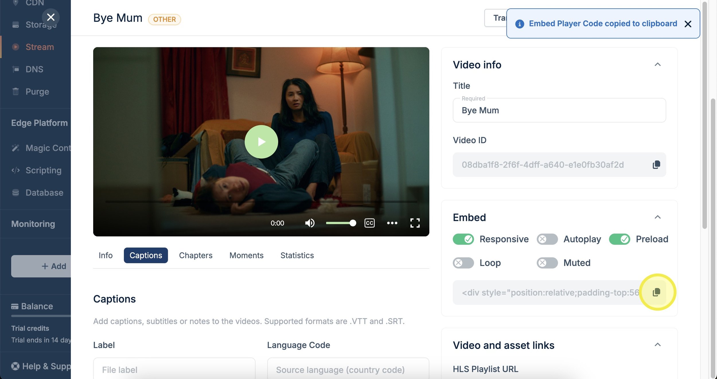 A embed player code being copied to clipboard for a video uploaded to Bunny Stream