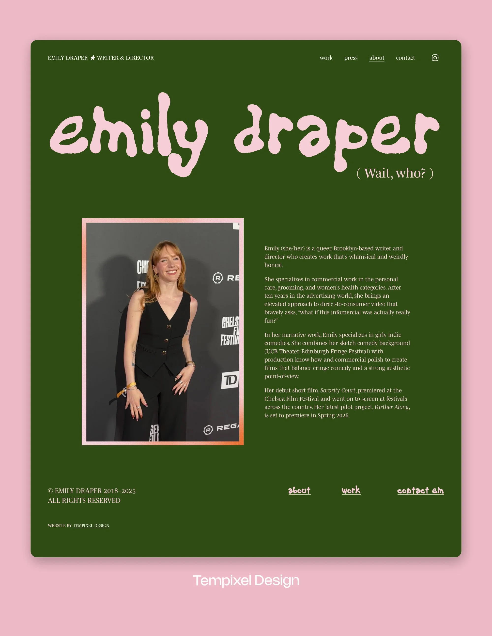 About page for emilydraper.net with a large pink heading "emily draper" with a smaller subheading of ( Wait, who? )