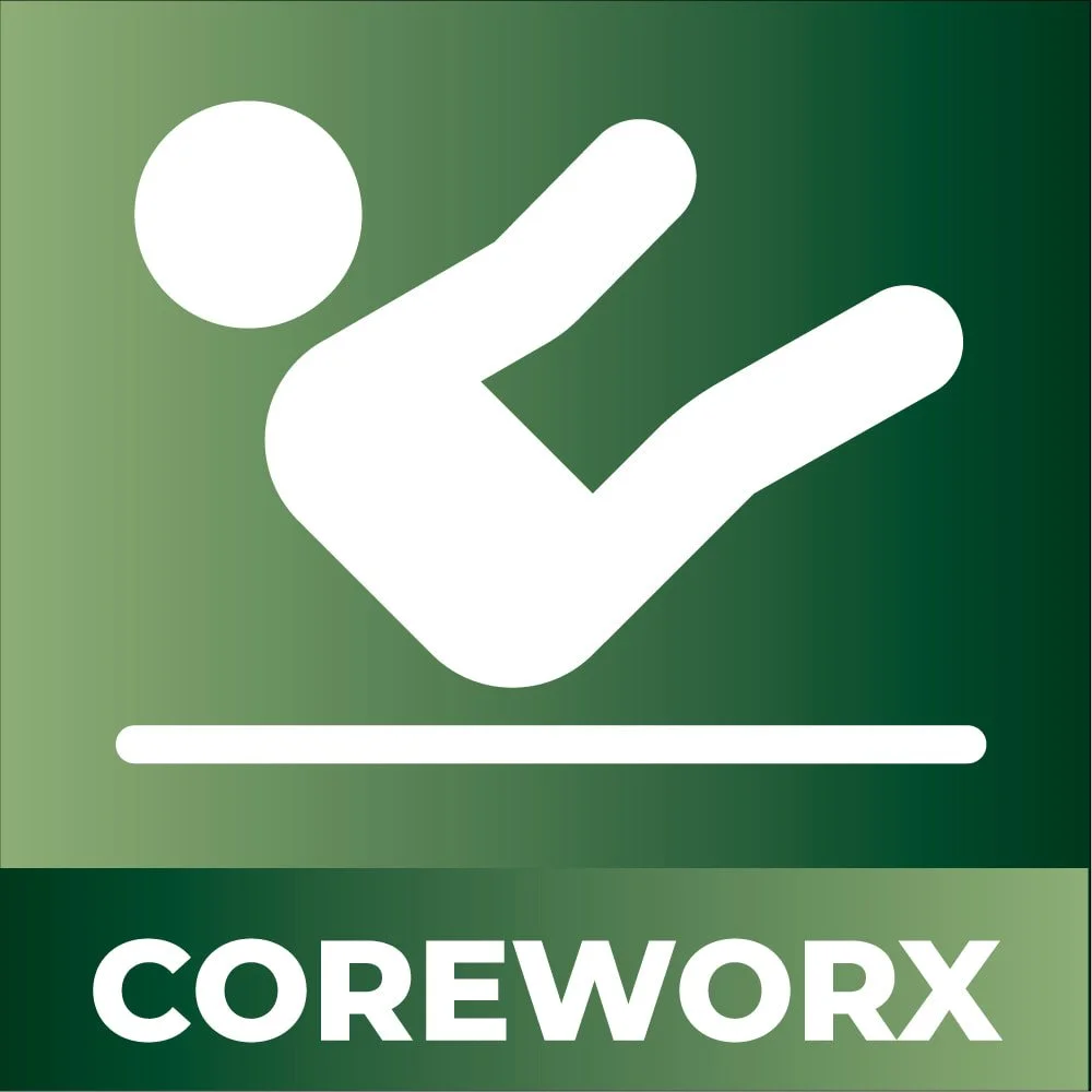 COREWORX group fitness class icon, person performing a core sit-up