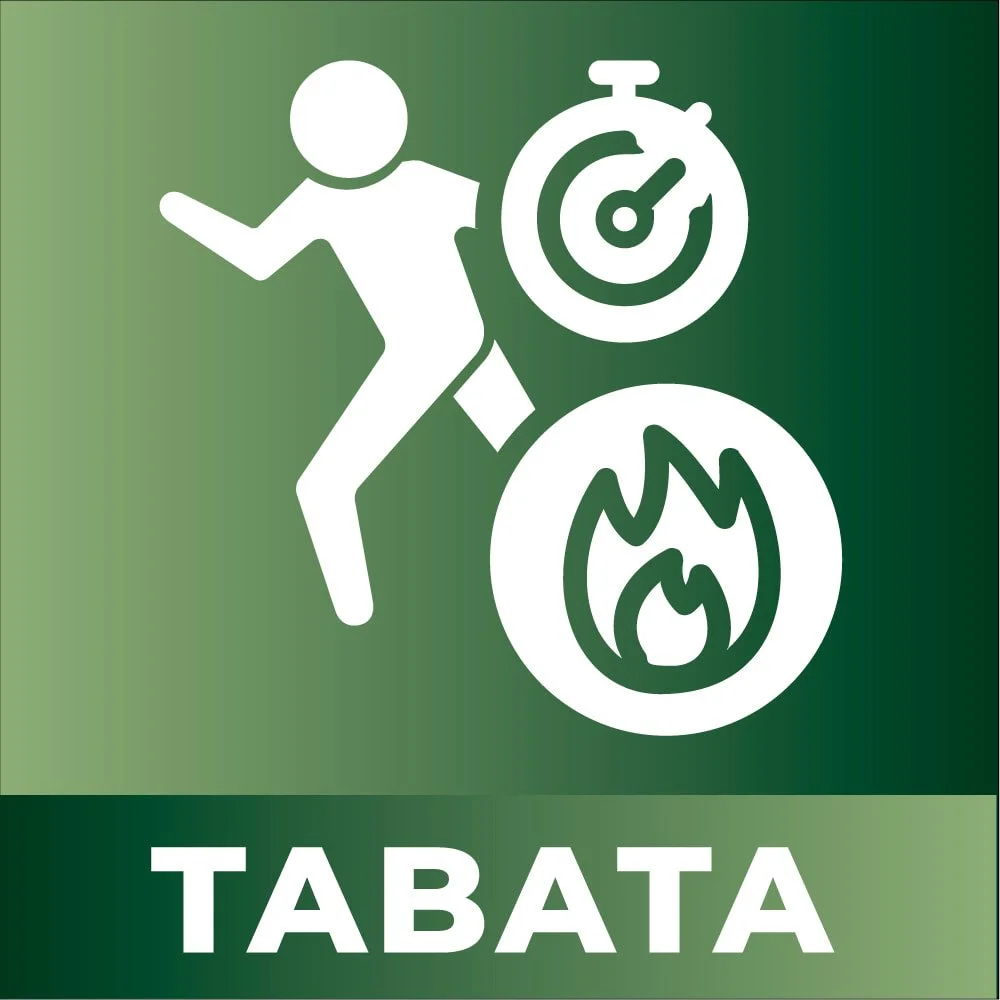 TABATA group fitness class icon, person mid-sprint with stopwatch and flame