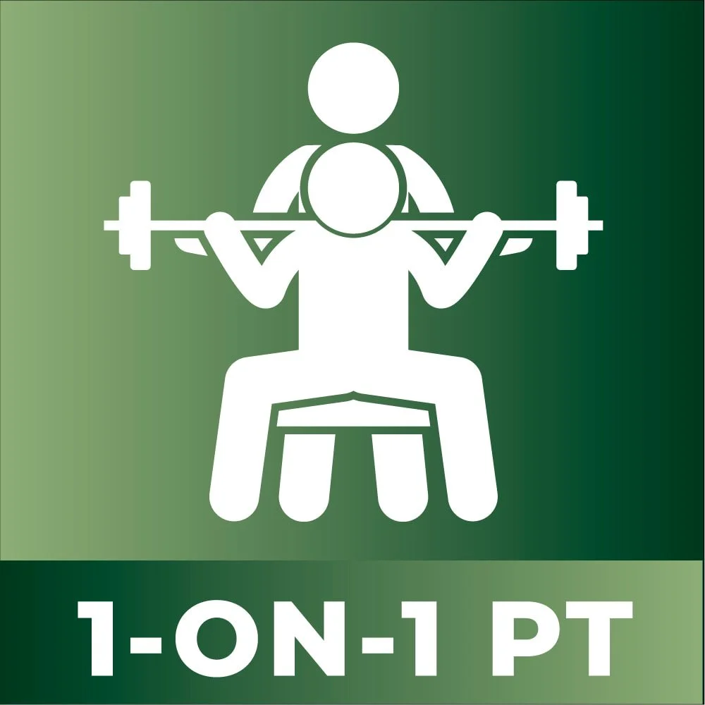 Personal Training icon with 1-on-1 PT label, trainer spotting a client during a barbell squat