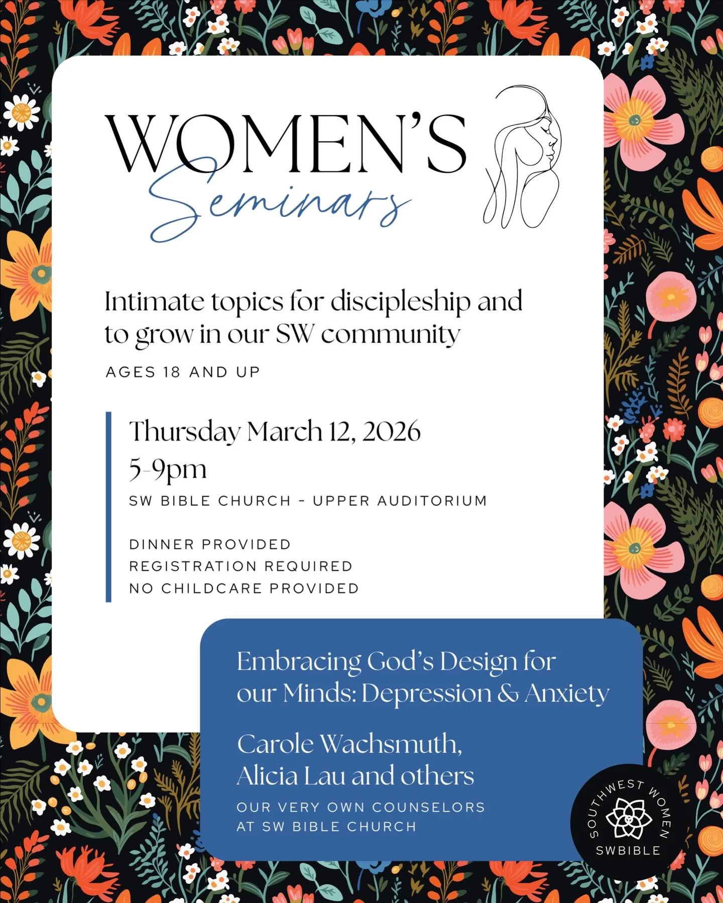 T-minus 1 week until our next seminar on Embracing God&rsquo;s Design for our Minds! This Thursday, we will hear personal stories, teaching, and have open and honest conversation about anxiety &amp; depression. It&rsquo;s going to be so good! Dinner 