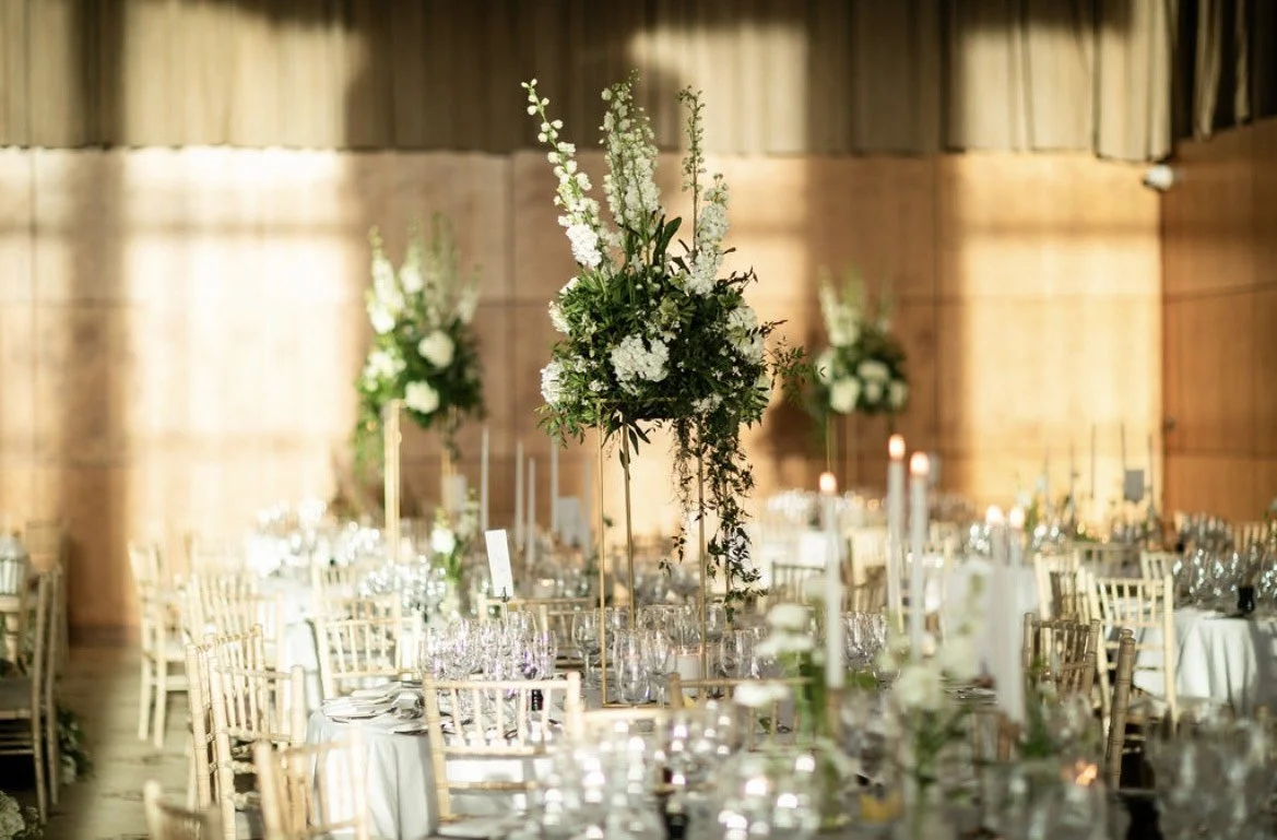 Harlow stand centrepieces in The Capel Suite, Castlemartyr Resort. Image by Jenny McCarthy