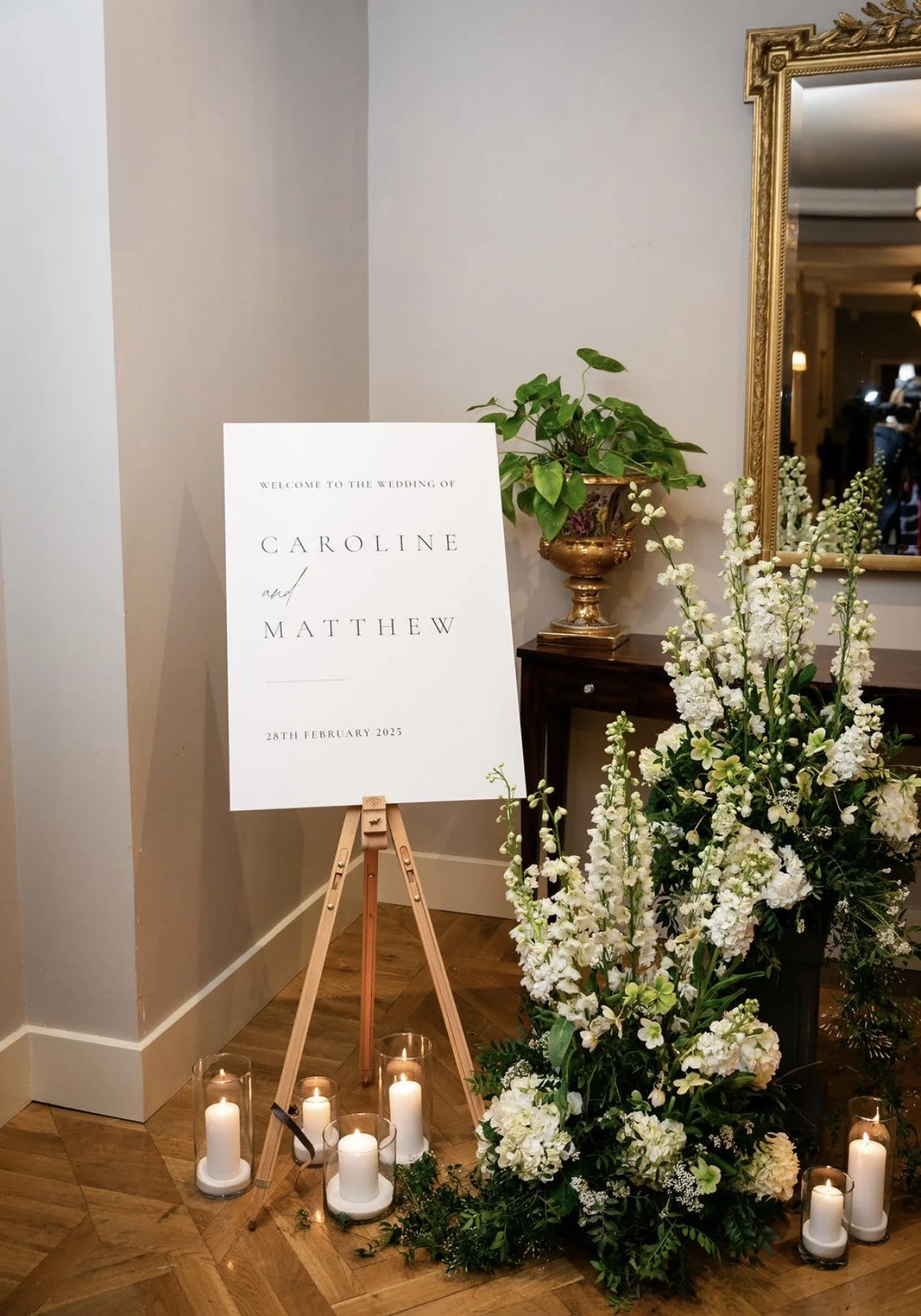 Sign florals and candles outside The Kiltha Room in Castlemartyr Estate. Image by Jenny McCarthy