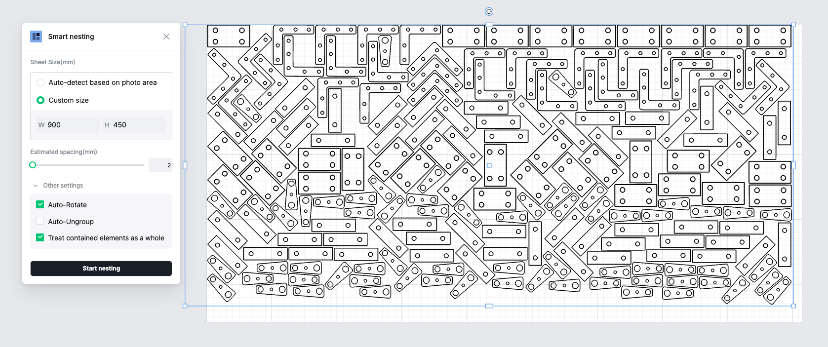 Diagram of a 3D printer's automatic nesting layout for rectangular parts with two small circular holes in each piece, arranged efficiently on a sheet for cutting.