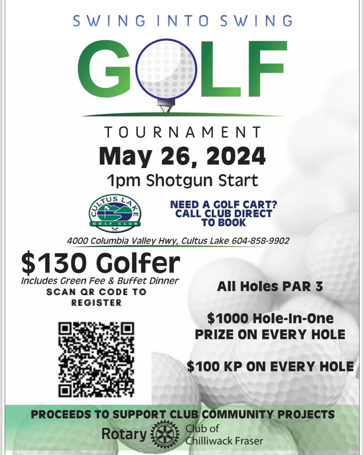 If you want to support a wonderful community organization and also enjoy a day of fun sign up for the Rotary Club of Chilliwack Fraser&rsquo;s annual golf tournament! 

Happening Sunday, May 26th at the @cultuslakegolfclub 

Proceeds go to the club t