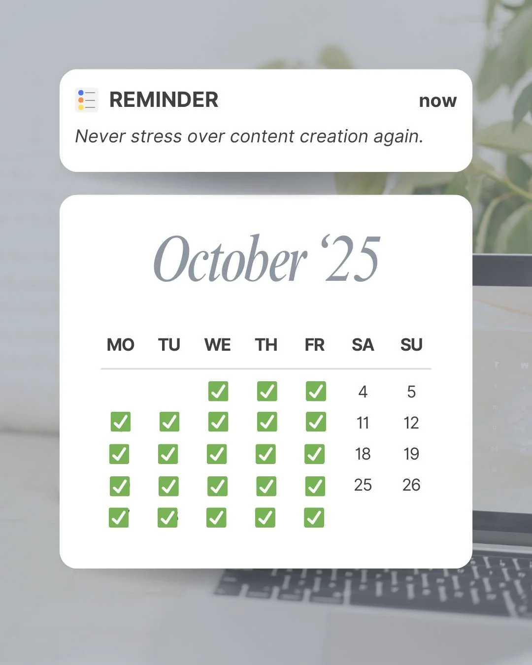 Wish this was your calendar?
Every box checked. Every post planned. Nothing hanging over your head.

That feeling of, &ldquo;oh, my content is already done&rdquo;&mdash;that&rsquo;s what I create for my 1:1 clients. They get to focus on showings, clo