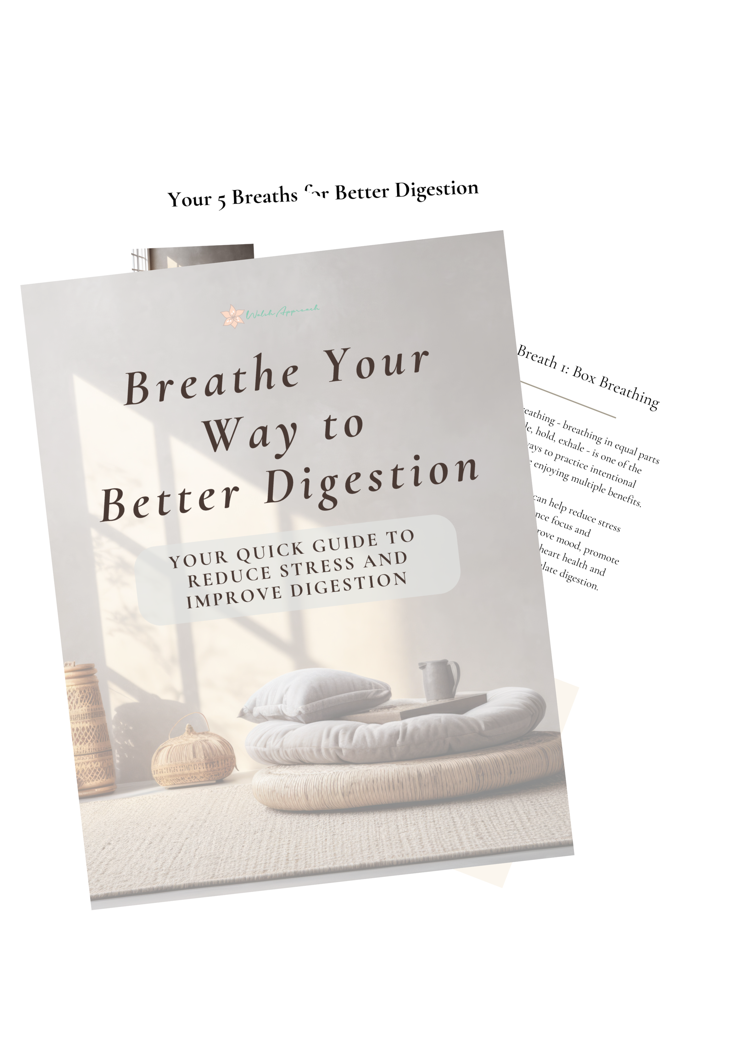 Three pages from the Breath Your Way to Better Digestion bonus, showing breathing techniques to reduce stress and support digestion.